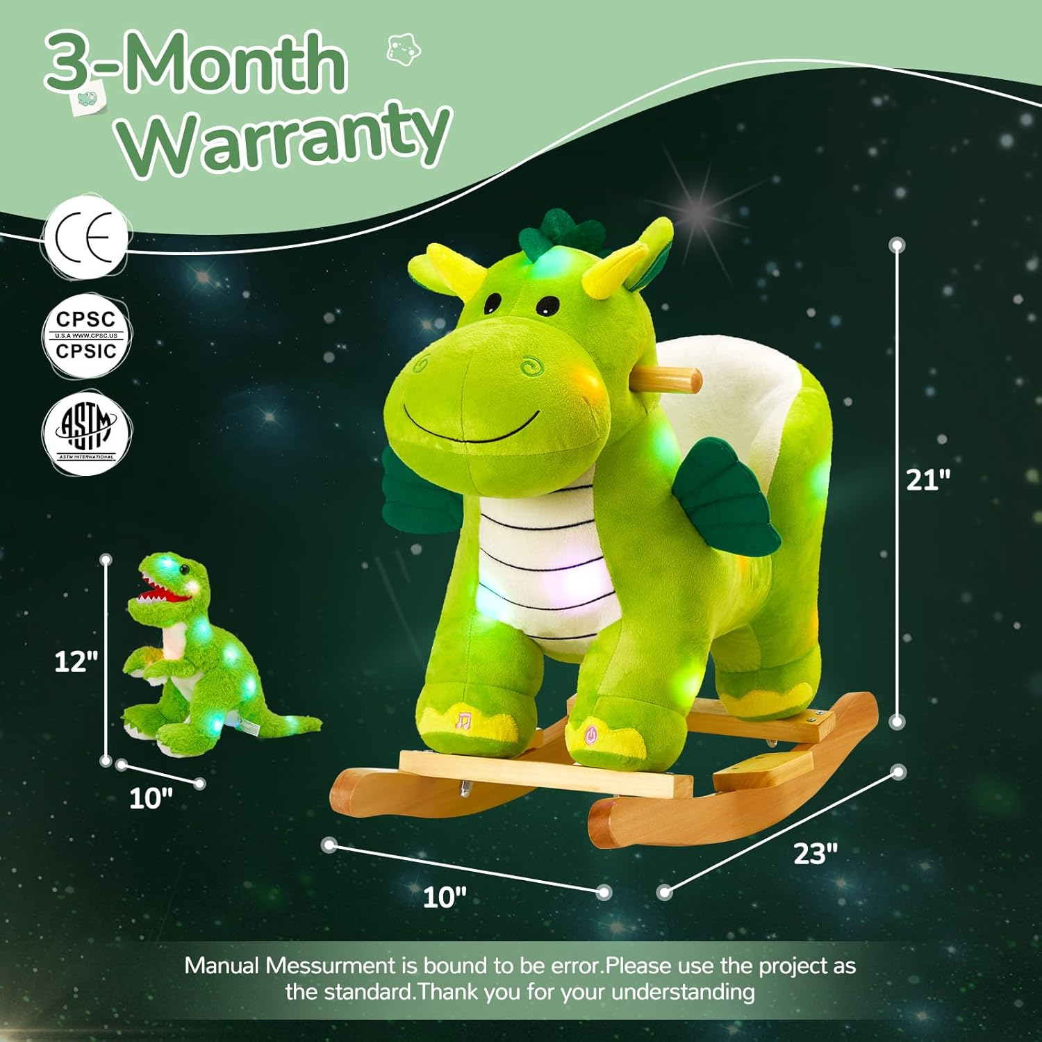 Glow Guards Musical Dinosaur Baby Rocking Horse Set - 2 Dinosaur Rockers with Safety Belt for Toddlers 1-3 - White Unicorn image number 3
