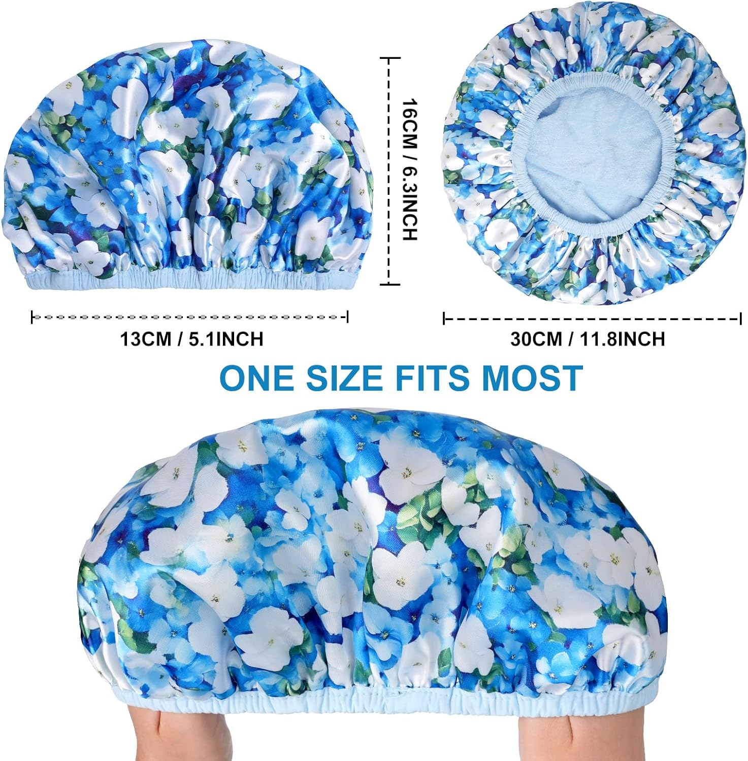 Upgraded Waterproof Terry Shower Caps, Reusable Shower Cap for Women with Long Hair, Soft Absorbent Hair-Protecting Towel Lining Bath Cap, Large Leak-Proof Hair Cap with Fashionable Print Outer-Blue - Blue image number 5