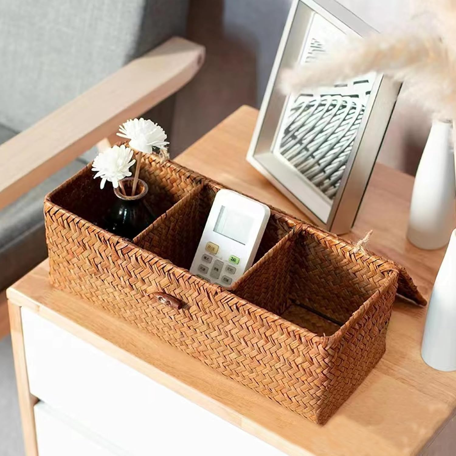 APACALI Pack of 2 Seagrass Storage Basket with Lid, Rectangular Rattan Storage Basket with Compartment, Natural Braided Baskets, Wicker Baskets for Shelves, Organisation of Natural Seagrass image number 3