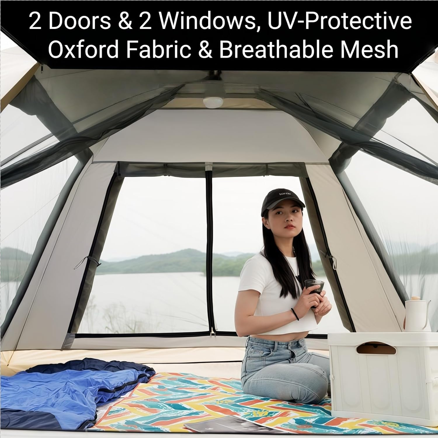 Tent, Inflatable Tent, 3/5-Person Pop up Tent for Family, Easy Setup Waterproof Camping Tent Large Space, Durable Outdoor Shelter for Camping, Hiking, Picnic, Travel, Beach - 2025 Upgraded, off White image number 2