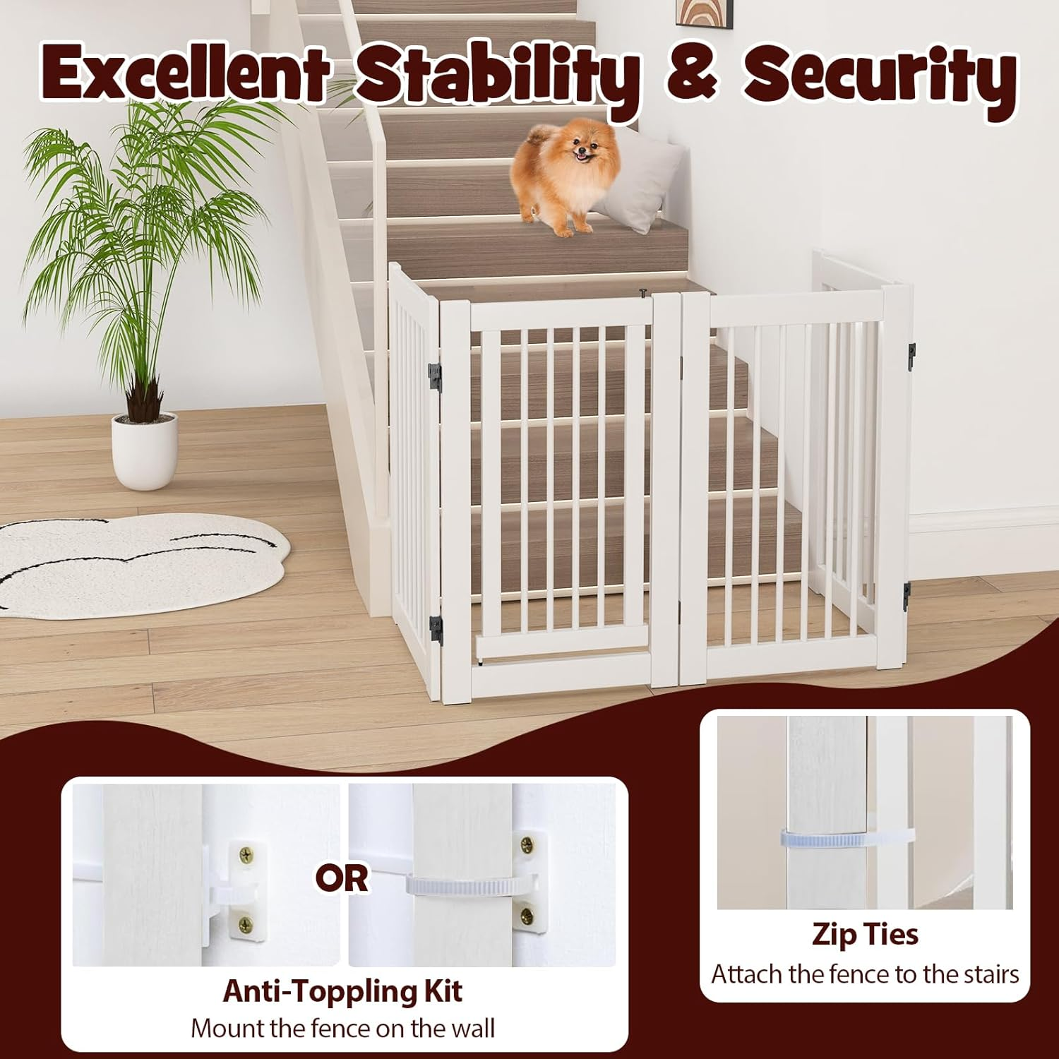 Giantex Dog Gate with Door - 30''H &times; 80''W Wooden Pet Gate with Walk through Door, Foldable Freestanding 4 Panels Pet Safety Fence Extra Wide for Doorway Stairs House Deck Yard, White image number 2