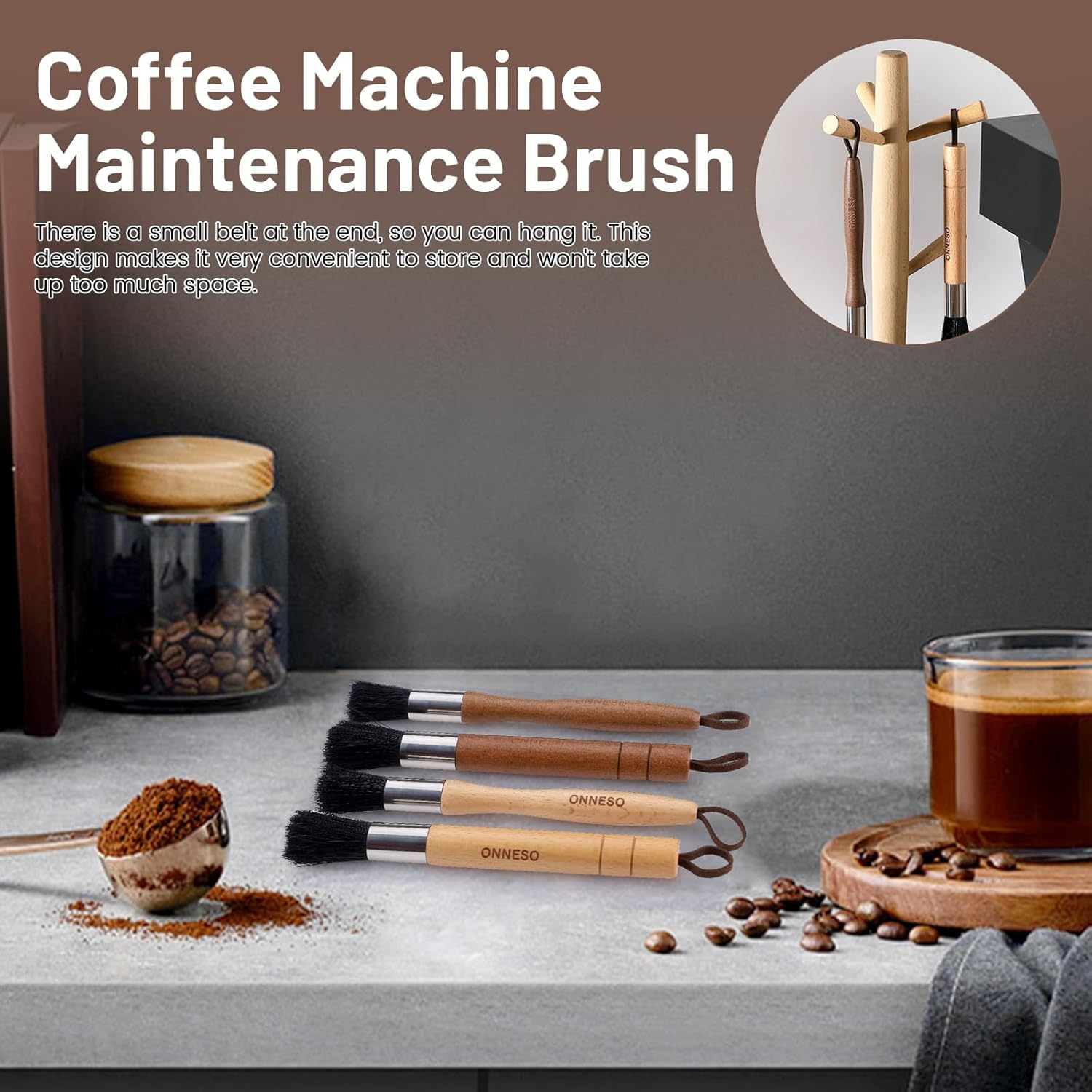 Huakaile 2 Pieces Beige Coffee Grinder Cleaning Brush with Black Boar Bristle, Wood Handle Espresso Machine Cleaning Brush Tool, Barista Accessories Used on Group Heads Kitchen