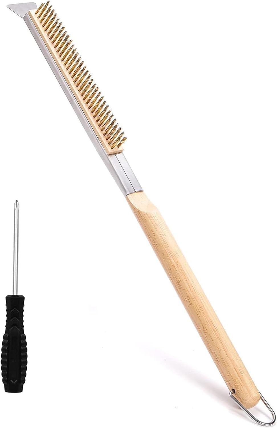 21'' Pizza Brush with Stainless Steel Stone Scraper - Brass Bristles - Wood Handle - Hanging Ring - Outdoor Pizza Oven Accessory - Compatible with Ooni, Gozney, Blackstone, Solo Stove Ovens (Standard) image number 2