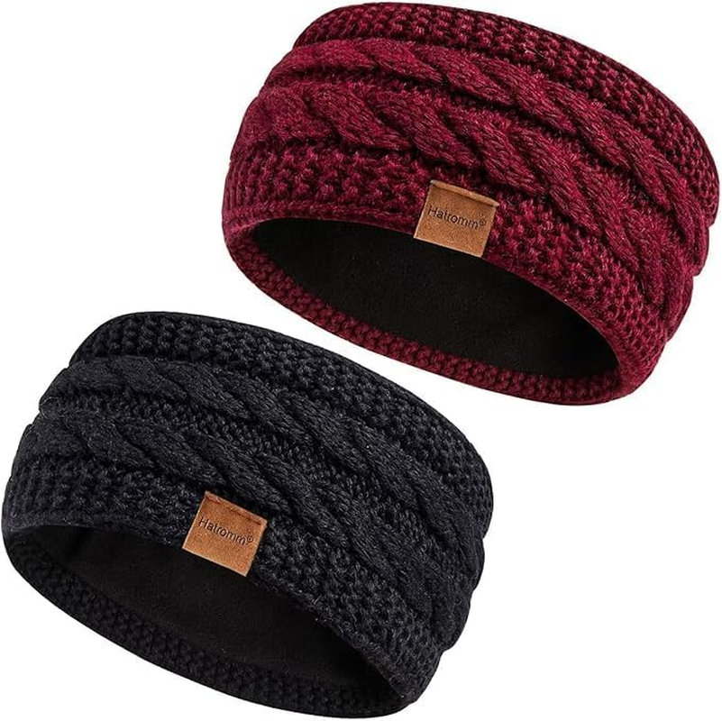 Hatromm Winter Headbands for Women Wool 2 Pack, Ear Warmers for Women Headband Knit Thick Fleece Lined(Black+White)
