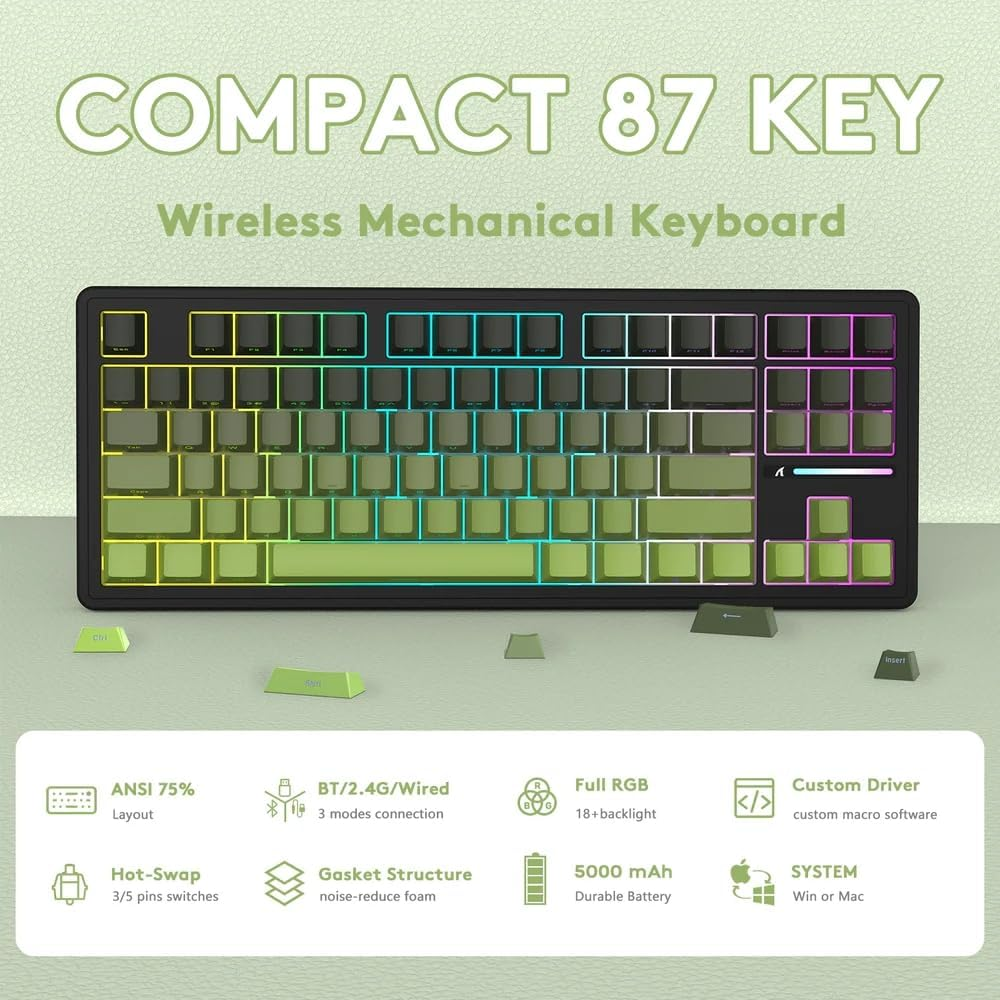 Attack Shark M87PRO TKL Wireless Mechanical Gaming Keyboard, BT 5.0/2.4G/USB-C Wired Hot Swap RGB Keyboard 80% US Layout, Linear White Switches Gradient Side Print PBT Keycaps for PC Mac - Matcha image number 2