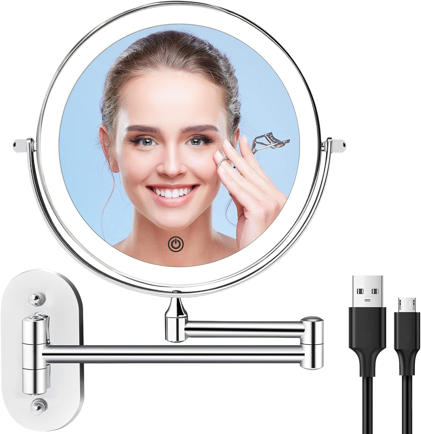 Rechargeable Wall Mounted Lighted Makeup Vanity Mirror 8 Inch 1X/10X Magnifying Bathroom Mirror with 3 Color Lights, Double Sided with Dimmable LED Lights, Extended Arm 360&deg; Swivel Extension Mirror