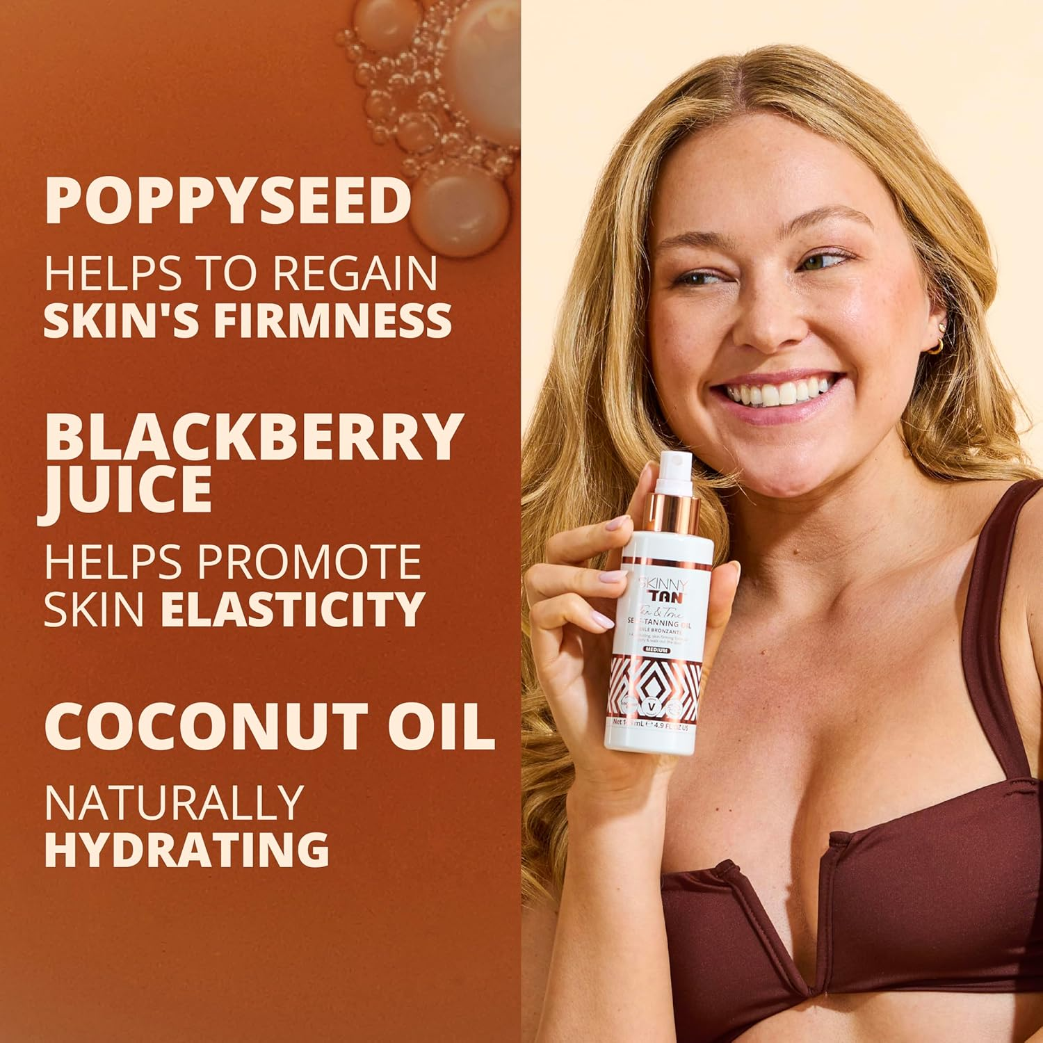 Skinny Tan Tan & Tone Self-Tanning Oil | Streak Free Natural Looking Tan with Coconut Oil | Enriched with Guarana Extract to Tone & Firm Skin | Cruelty-Free & Vegan (Medium) 145Ml