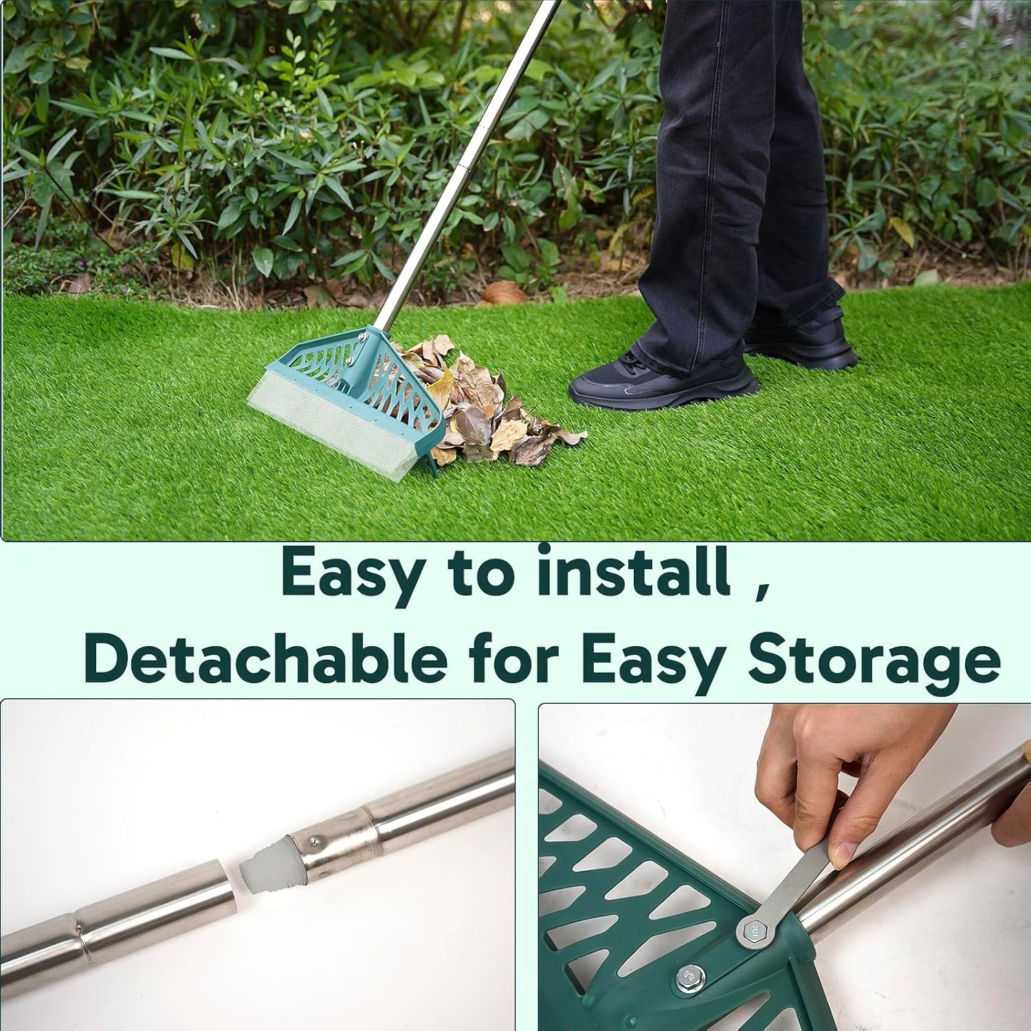 Artificial Rake, Double Sided Garden Hand Broom Rake Stainless Steel Long Pole Leaves Rake16 Inch Wide for Garden Grass Clean Lawn Artificial Turf Patios Carpets Pet Hairs Cleaner image number 5