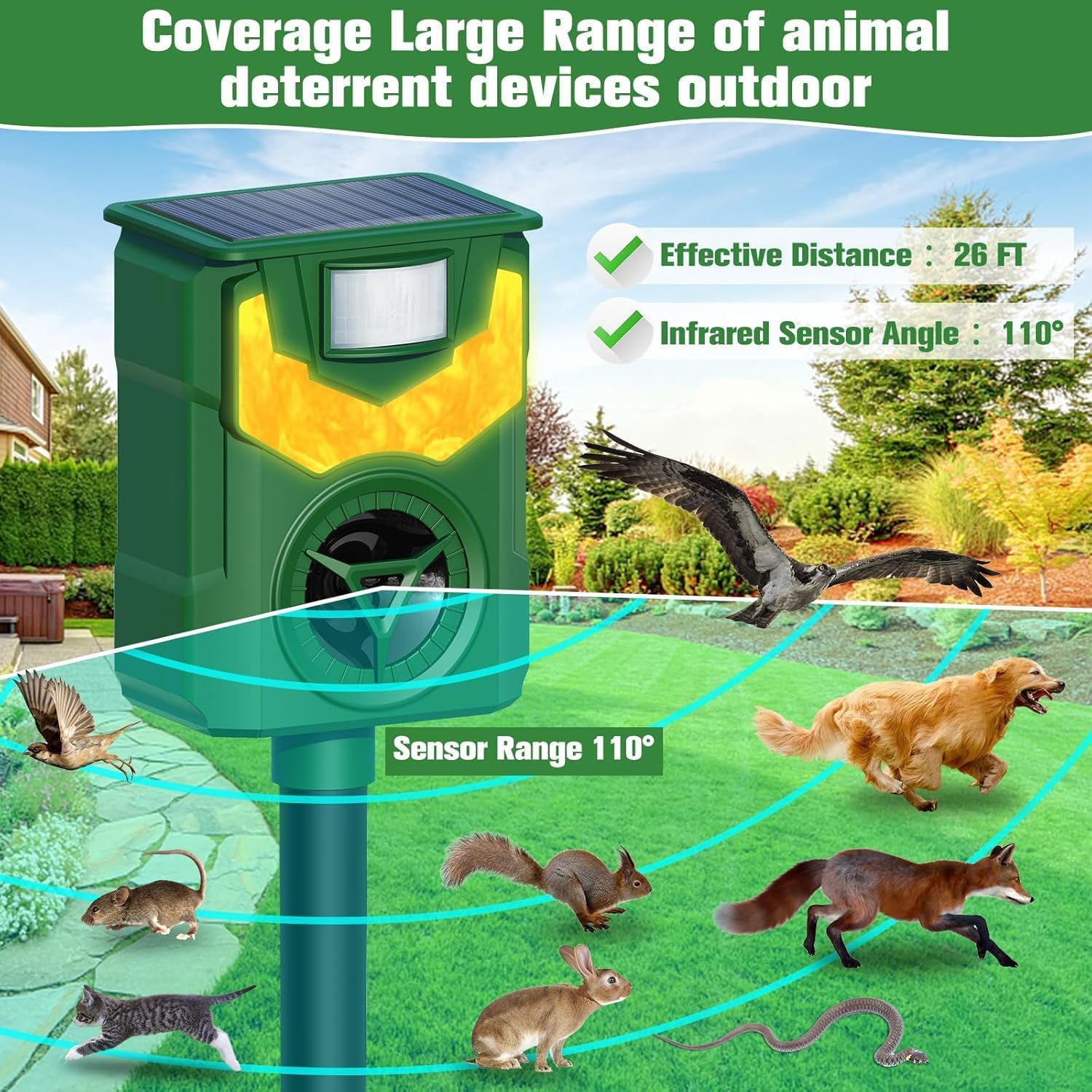 UOEPOWA Ultrasonic Cat Deterrents, 5 Sensitivity Modes Solar Cat Repellent Outdoor with Motion Detection, Bird, Fox, Raccoon, Mouse, Deer. for Chicken Coop, Farm,And Yard (1PC Green) image number 3