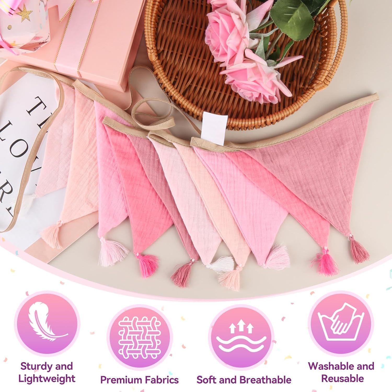 Children'S Room Bunting, Pink, 2.6 M Fabric Bunting Muslin with Tassels, Reusable Garland for Birthdays, Home, Camping image number 1