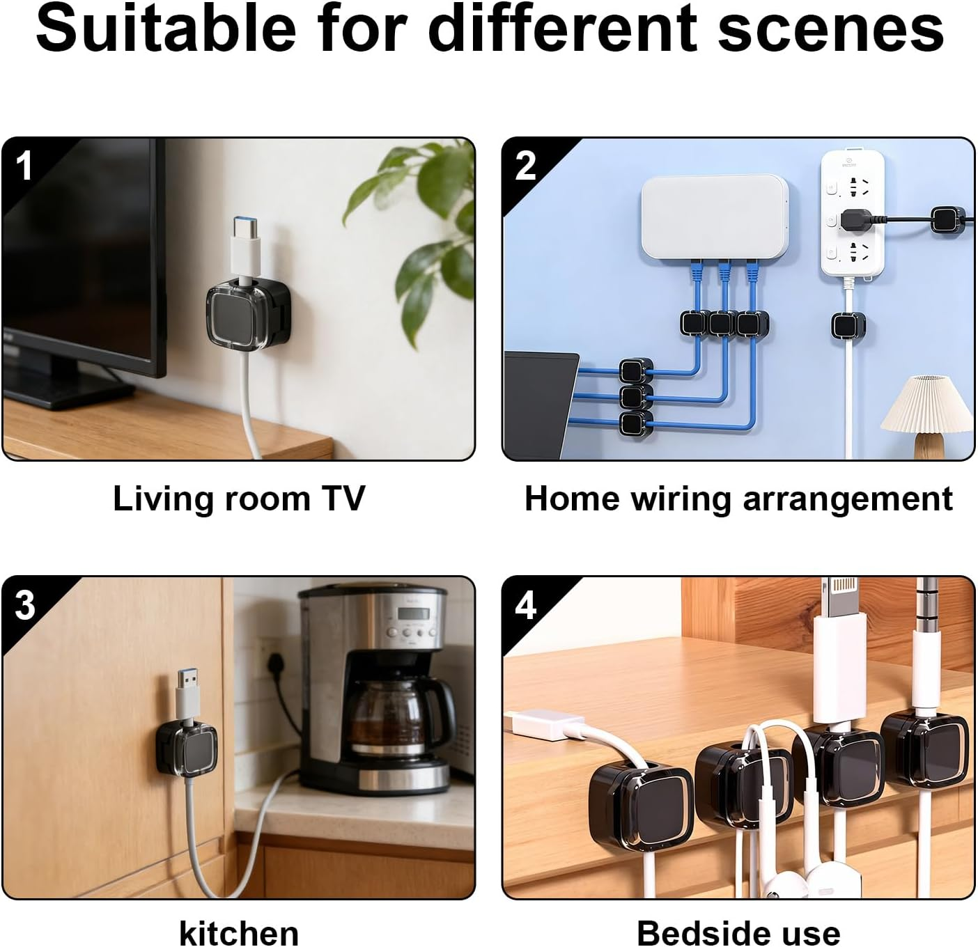 8-Pcs Cable Organiser, Magnetic Cable Holder & Clips with Strong Adhesive Strips, under Desk Cable Management for Phone Chargers, Office and Bedside (Black) image number 6