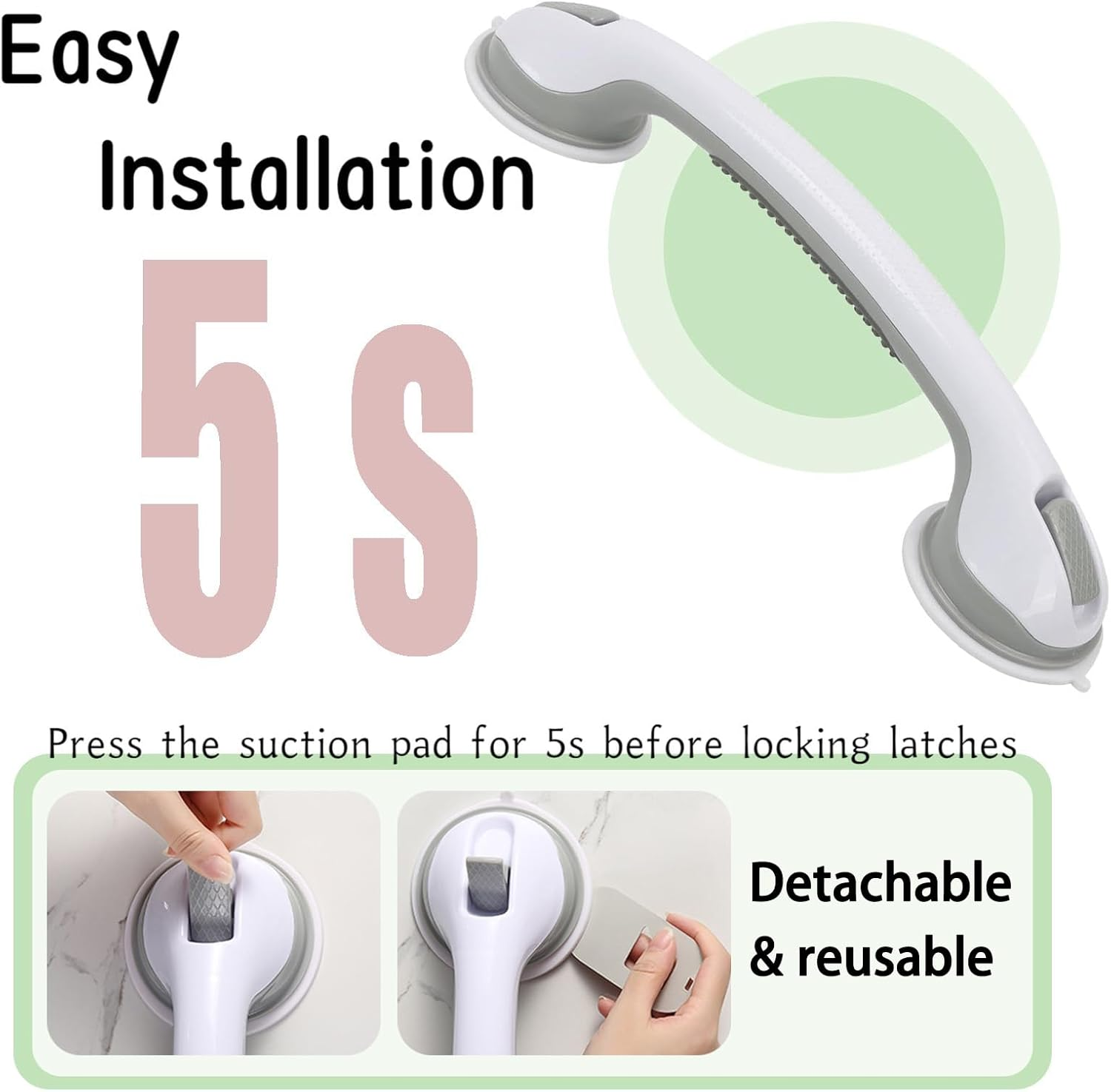 Suction Grab Rod for Showers and Bathtubs - Set of 2 Heavy Duty Shower Handles - Removable Handrails for Seniors - Bathroom Safety Grip - No Drilling Needed - Waterproof - Grey image number 6