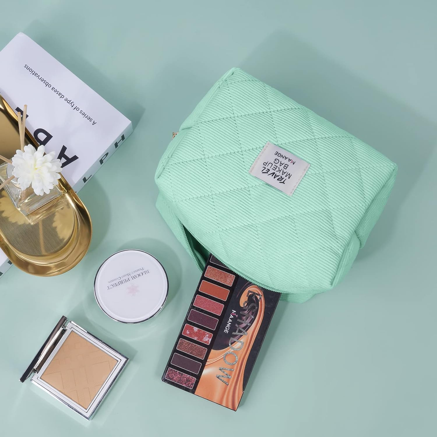 MAANGE 2Pcs Small Makeup Bag, Cosmetic Bags for Purse Corduroy Pouch Cute Bag with Zipper Mini Make up Women, 1-Green,(Yl-Mag0283G-Us) image number 1