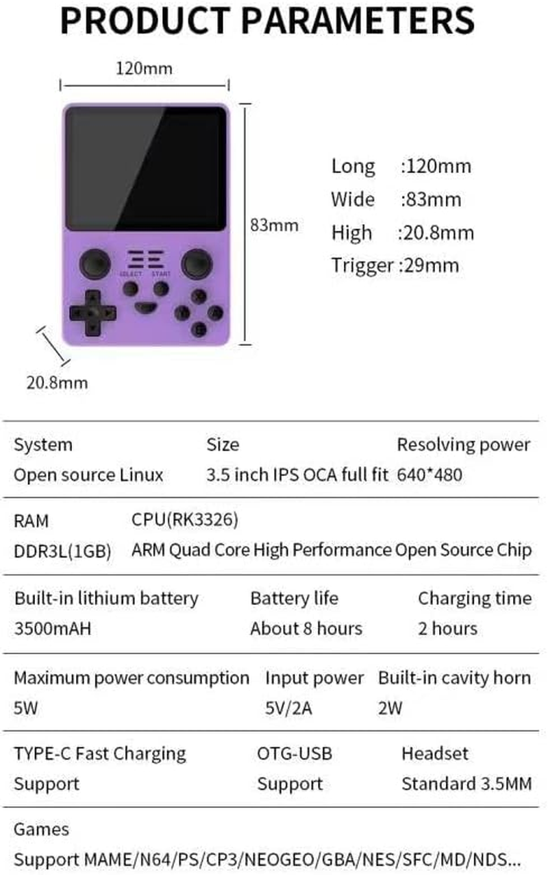 Powkiddy RGB20S Handheld Arcade Game Console, 3.5 Inch Retro Video Game Console with 64G Card & 15000 Games, Open Source Game Player, Gift for Children (64G, Purple) image number 3