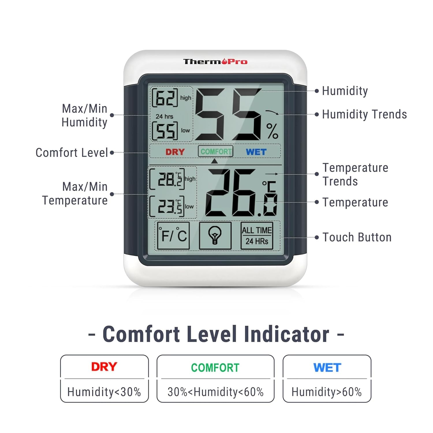 Indoor Digital Thermometer Hygrometer Touchscreen Backlight Humidity Temperature Sensor Weather Station for Home image number 4