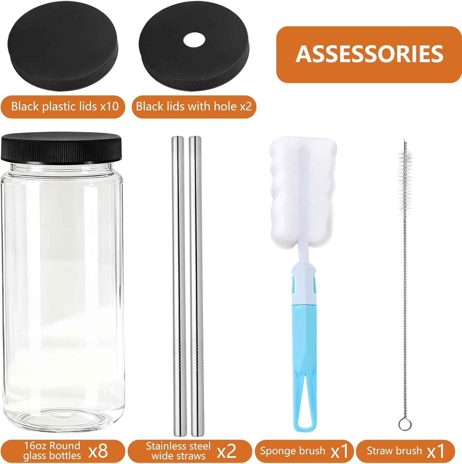 8 Pack Glass Juice Bottles, 16Oz Glass Bottles with Lids and Straws, 500Ml Smoothie Bottle, Reusable Drinking Jars Glasses for Water Milk Beverage Juice Container for Fridge Office Ggm image number 5