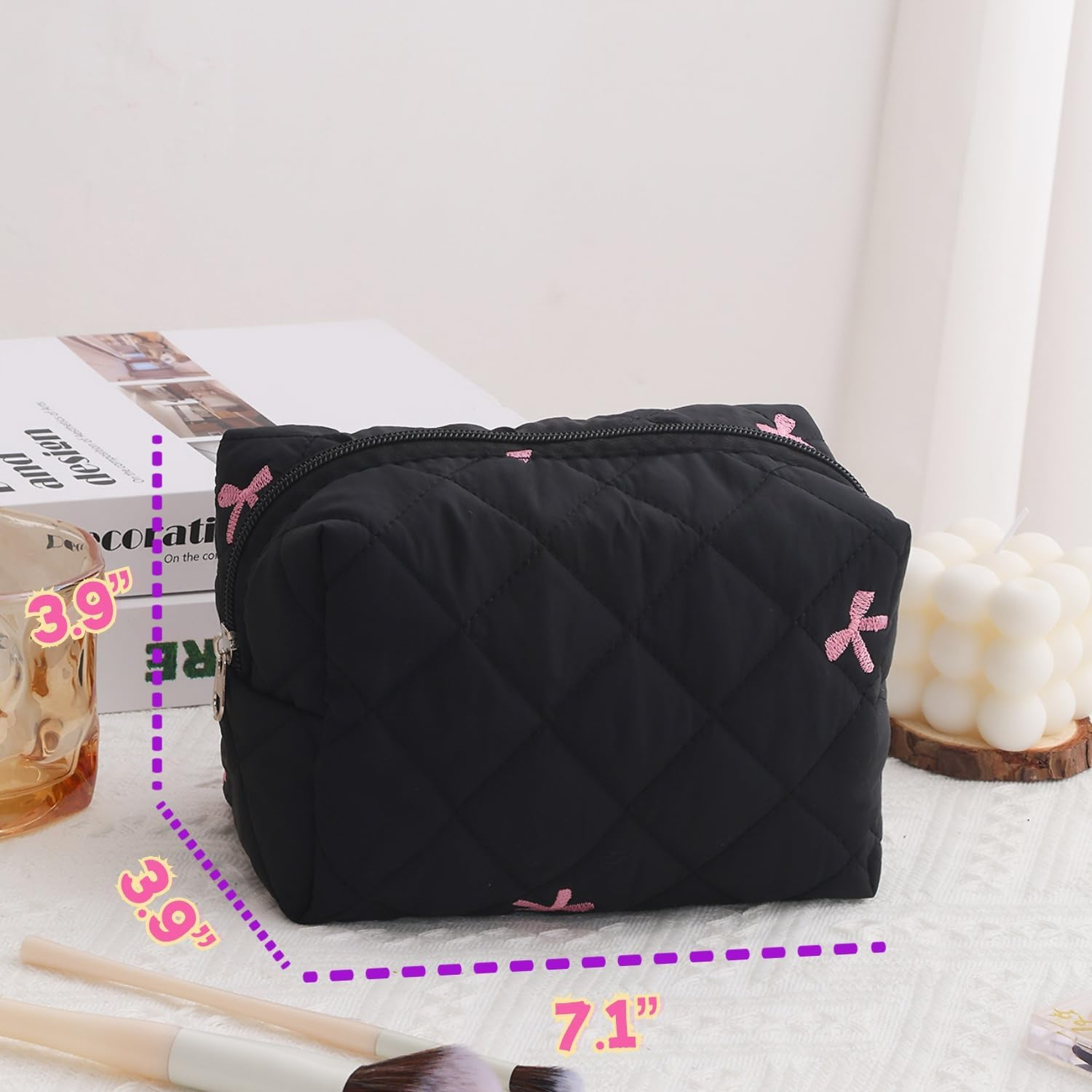 DDPOND Small Quilted Makeup Bag Coquette Mini Cosmetic Bags Aesthetic Trave Purse Cute Bowknot Pouch for Women Travel Toiletry Organizer Case (Pink) image number 3