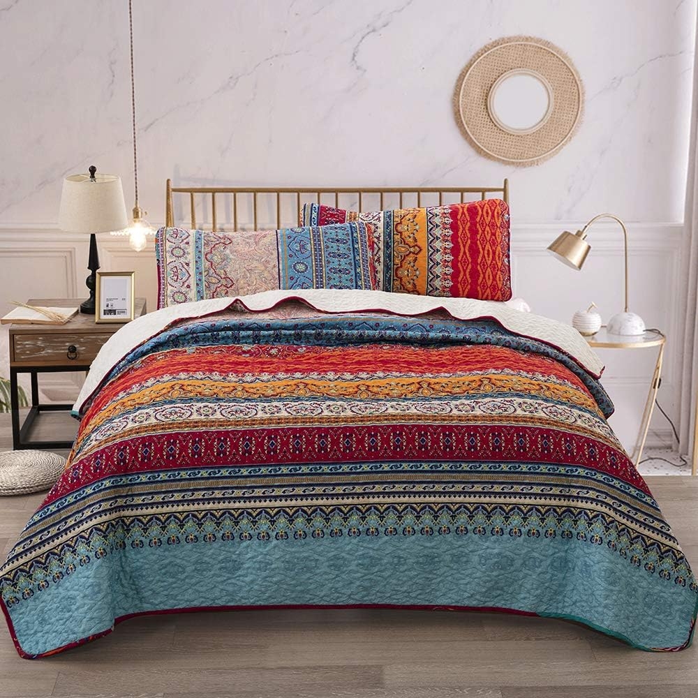 Bohemian Quilt Set King, Boho Striped Printed Bedding Bedspread Coverlet Set for Summer, Lightweight Microfiber Quilt with 2 Pillowcases King Size 90"X103" (3 Pieces, Colorful) image number 3