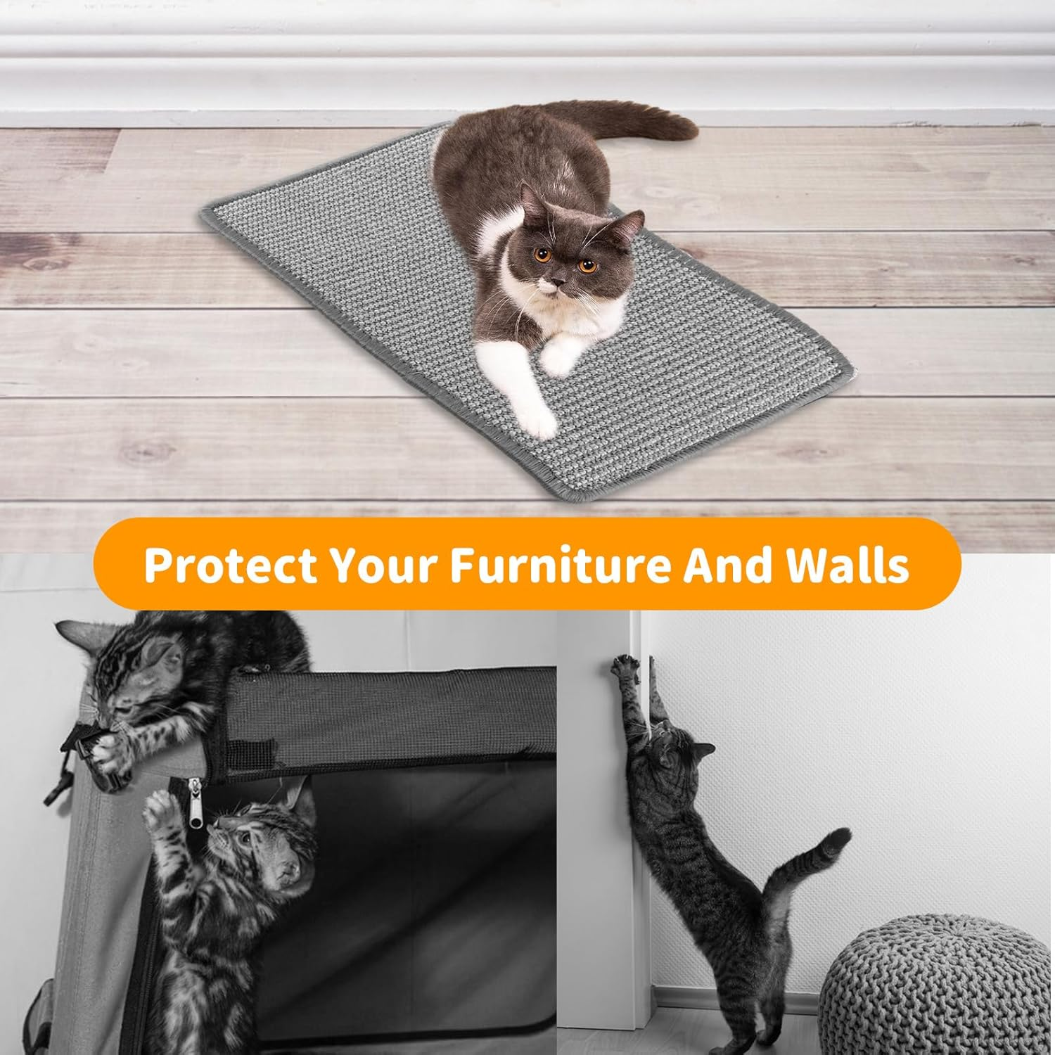 DAJAVE Pack of 3 Cat Scratching Mat, Siasl Scratching Mat, Cat Scratching Mat, 50 &times; 25 Cm, Sisal Carpet, Cats Grey Cat Scratching Mat for Cats, Protects Carpets and Sofas
