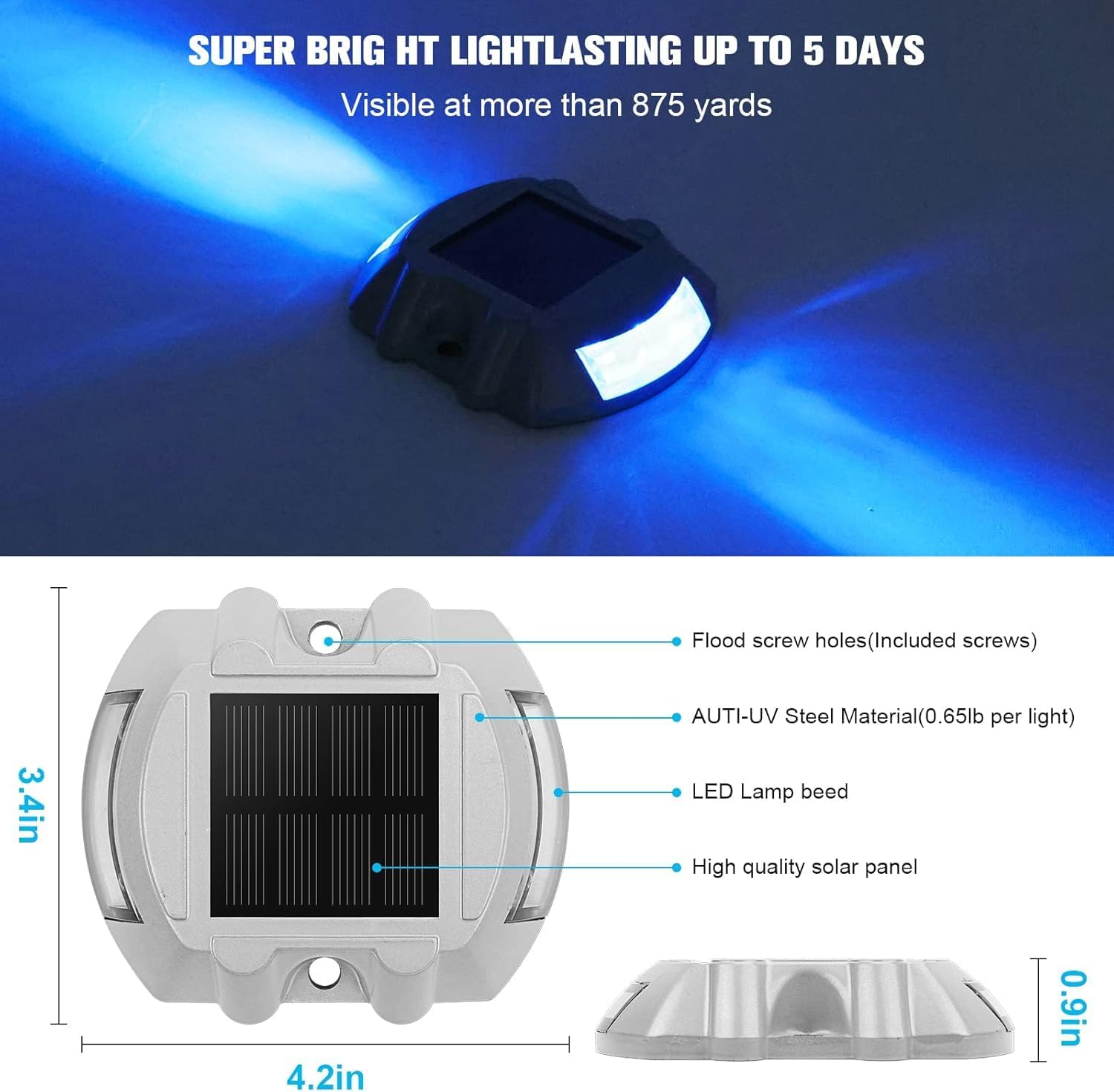 Solar Deck & Driveway Lights, 2-Pack Led IP67 Waterproof Outdoor Warning Step Lights for Garden Pathway Yard (White) (2, Blue) (4) image number 2