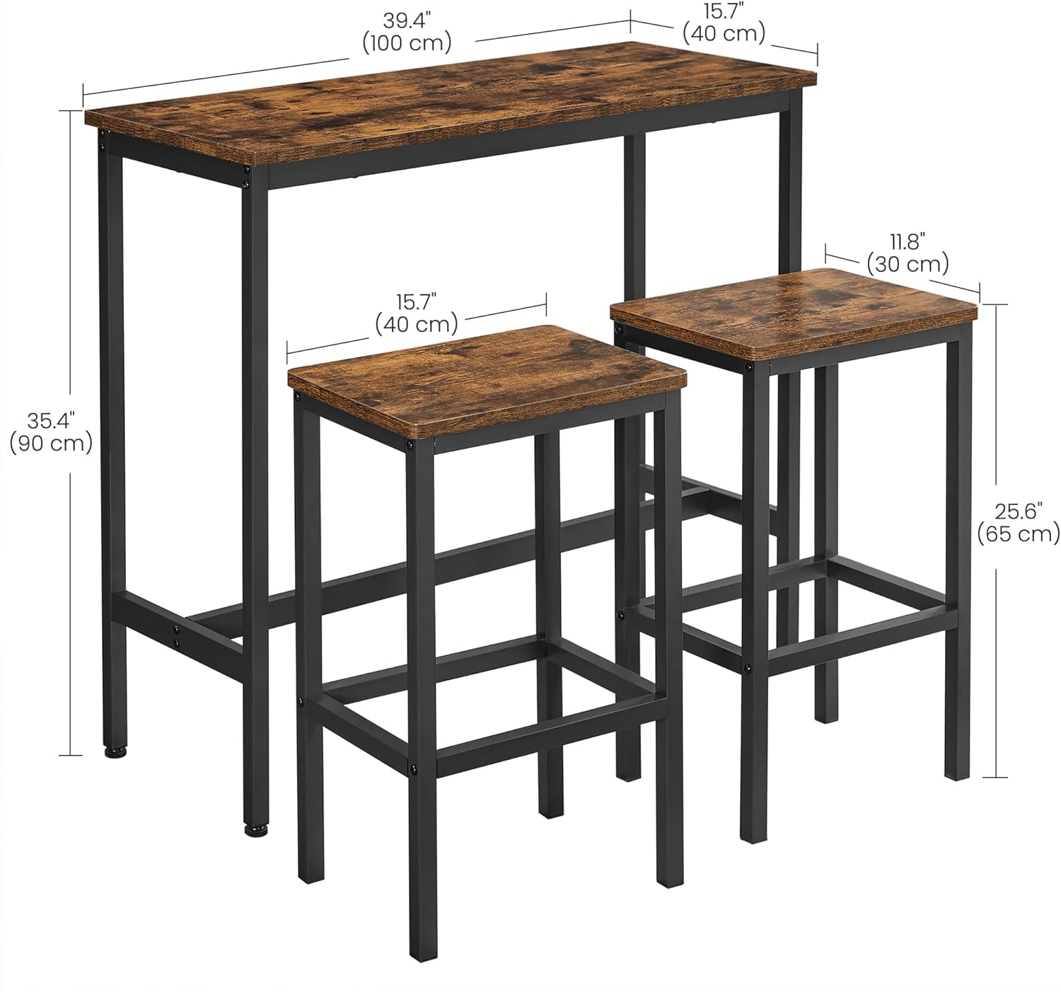 VASAGLE Dining Table Set, Bar Table and Chairs Set, Kitchen Bar Height Table with Stools Set of 2, Steel Frame, Industrial, Rustic Brown and Black ULBT218B01, 15.7 X 39.4 X 35.4 Inches