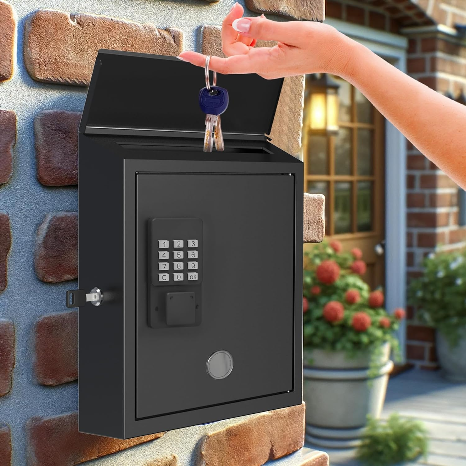 Mailbox with Electronic Lock, Wall Mount Locking Postbox for House, OTP/APP Bluetooth/Wi-Fi/Fixed Code/Key Unlock, Large Capacity for Collect Letters, Key Drop Box, Black, Waterproof, 14X4X10In