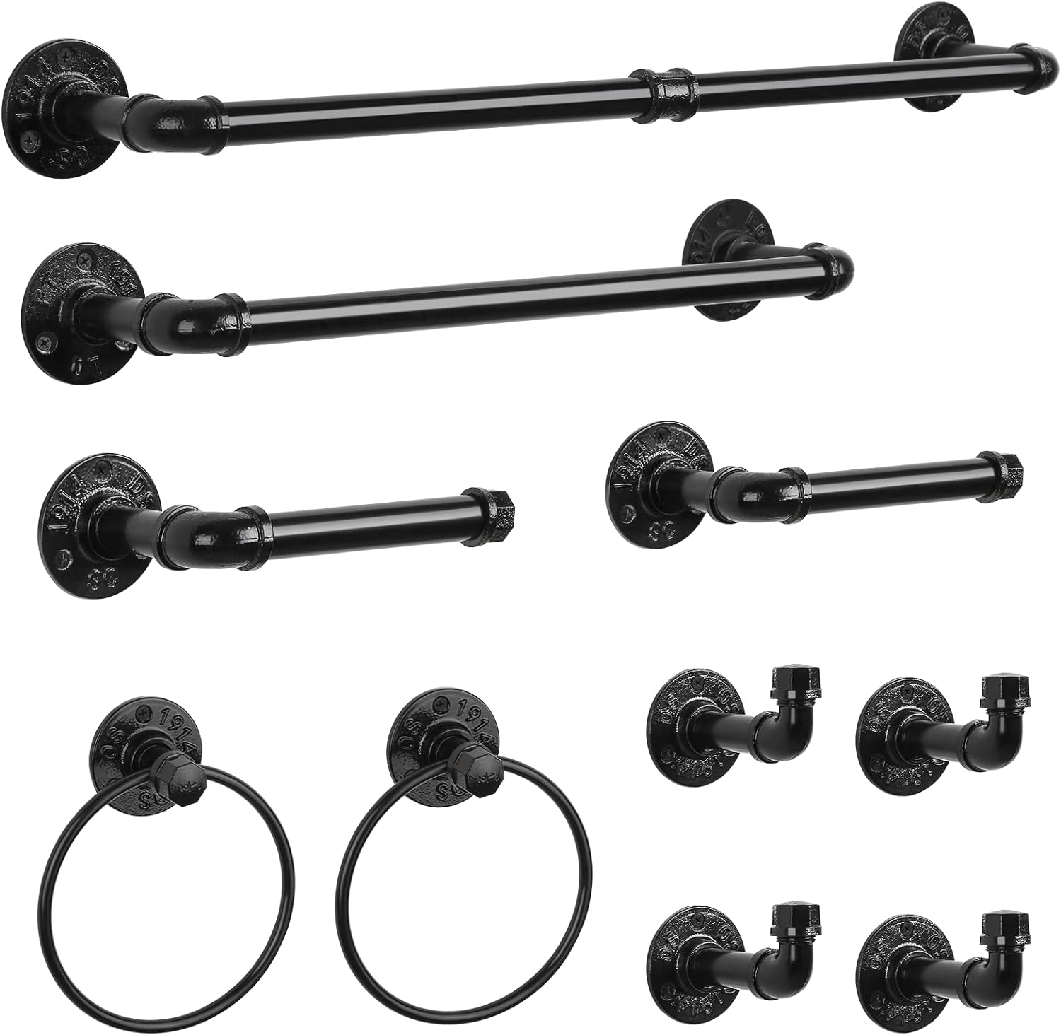 Industrial Bathroom Hardware Set 10 Pieces Bath Towel Bar Set Includes round Towel Ring Hand Toilet Roll Holders for Wall 18 and 25 Inch Towel Rack Robe Towel Hooks Black Bathroom Accessory Towel Kit image number 6