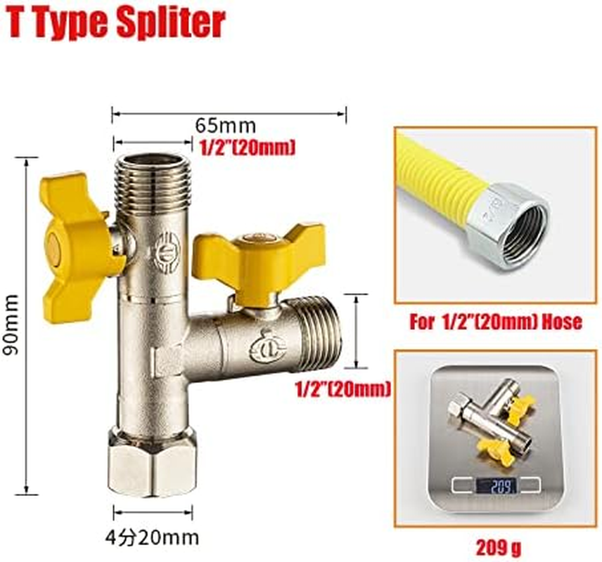2 Way Brass Tap, Garden Hose Splitter, T Valve, 1/2" Two Way Brass Tap Garden Hose with 2PCS 1/2 Inch Brass Water Tap Connection for Irrigation System, Hose & Garden Equipment image number 1