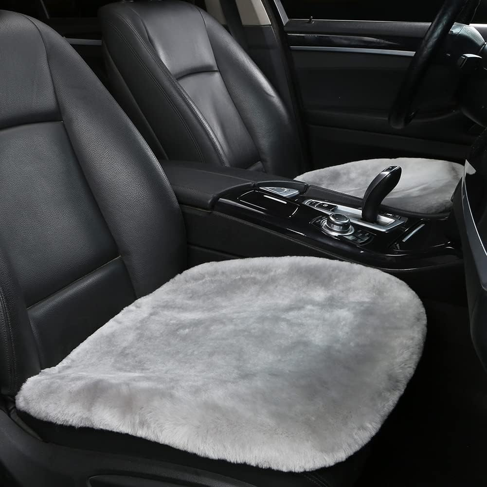 LLB Genuine Sheepskin Car Seat Cushion Seat Covers for Cars Trucks SUV Comfort Seat Protector Pad for Car Driver Seat Car Accessories for Women Office Chair Car Decor (Grey, Front Seat Cushion-1 Pc)