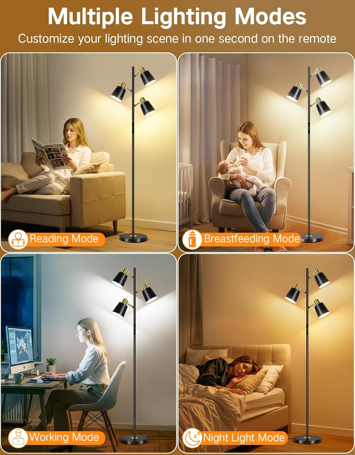 OUTON LED Tree Floor Lamp, Modern Dimmable Standing Lamp with Remote & Touch Control, 4 Color Temperatures, 3 Rotatable Industrial Floor Lamps for Living Room Bedroom Office, Black image number 5