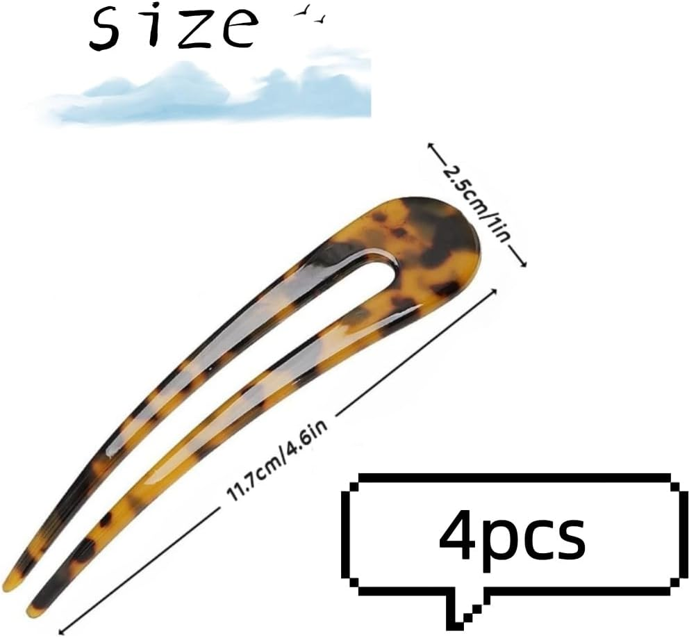 4Pcs French U-Shaped Hair Pin, Hair Sticks Forks Cellulose Acetate Tortoise Shell,Twist Hair Pins Clip for Long Hair for Women Vintage Hairstyle Accessories Chignon Pin image number 5