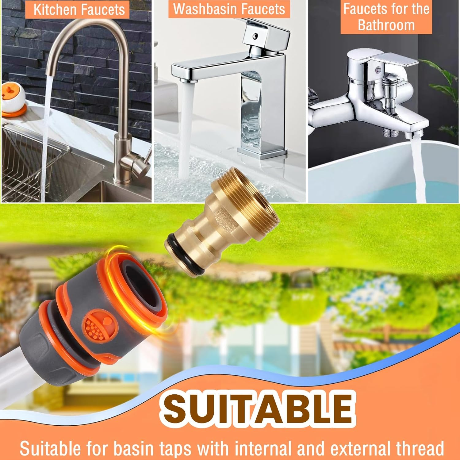 Indoor Garden Hose Pipe Adapter for Kitchen Sink and Bathroom, 22Mm Female 24Mm Male Threaded Tap Connector Fittings, Mixer Hose Connector Brass for Kitchen Sink image number 5