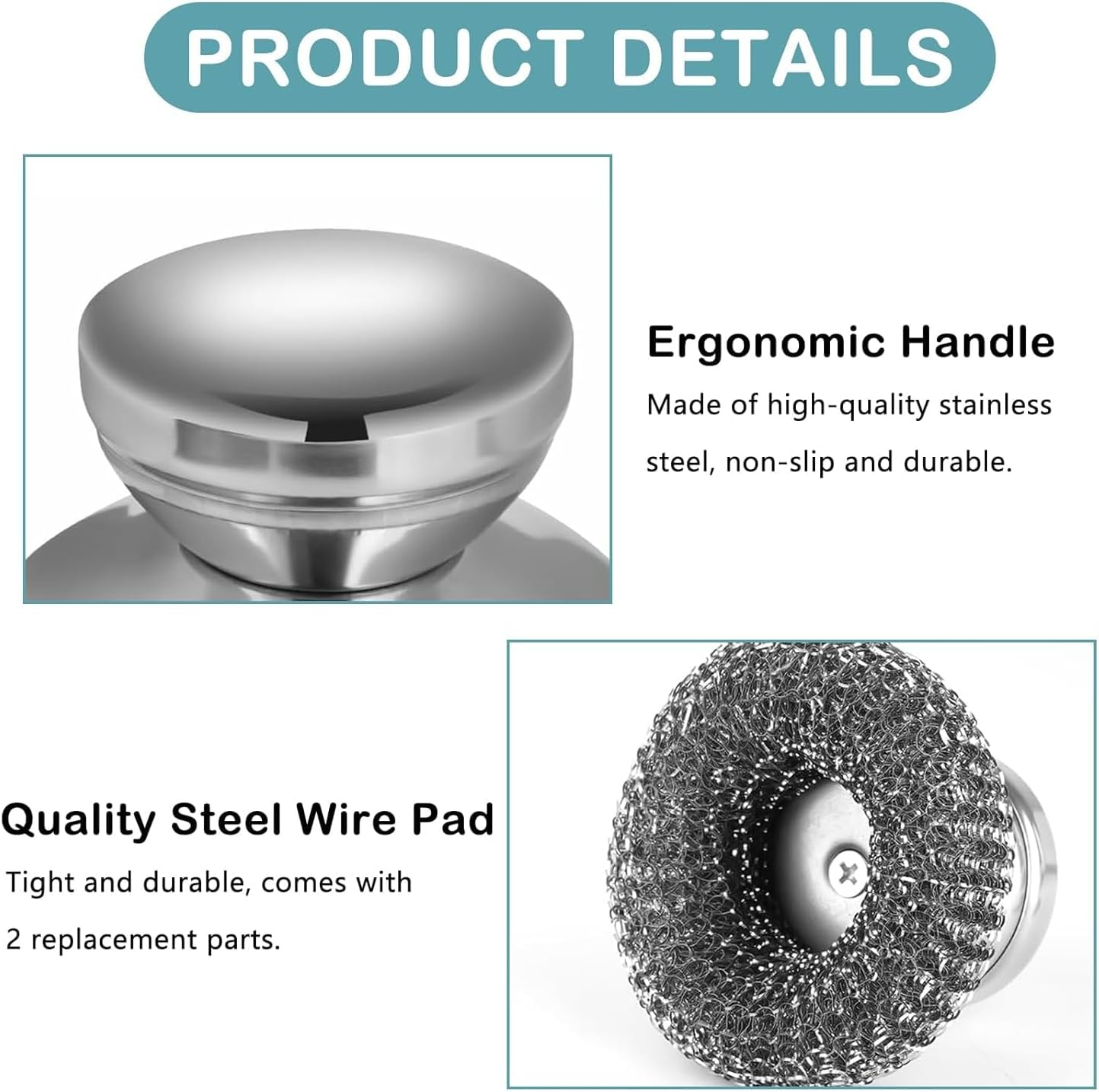 2Pack Stainless Steel Scrubber with 2 Replacement Wire Pads, Steel Wool Scrubber with Stainless Steel Handle, for Cleaning Dishes, Cast Iron, Stock Pots, Pans, Griddles, Grills image number 6