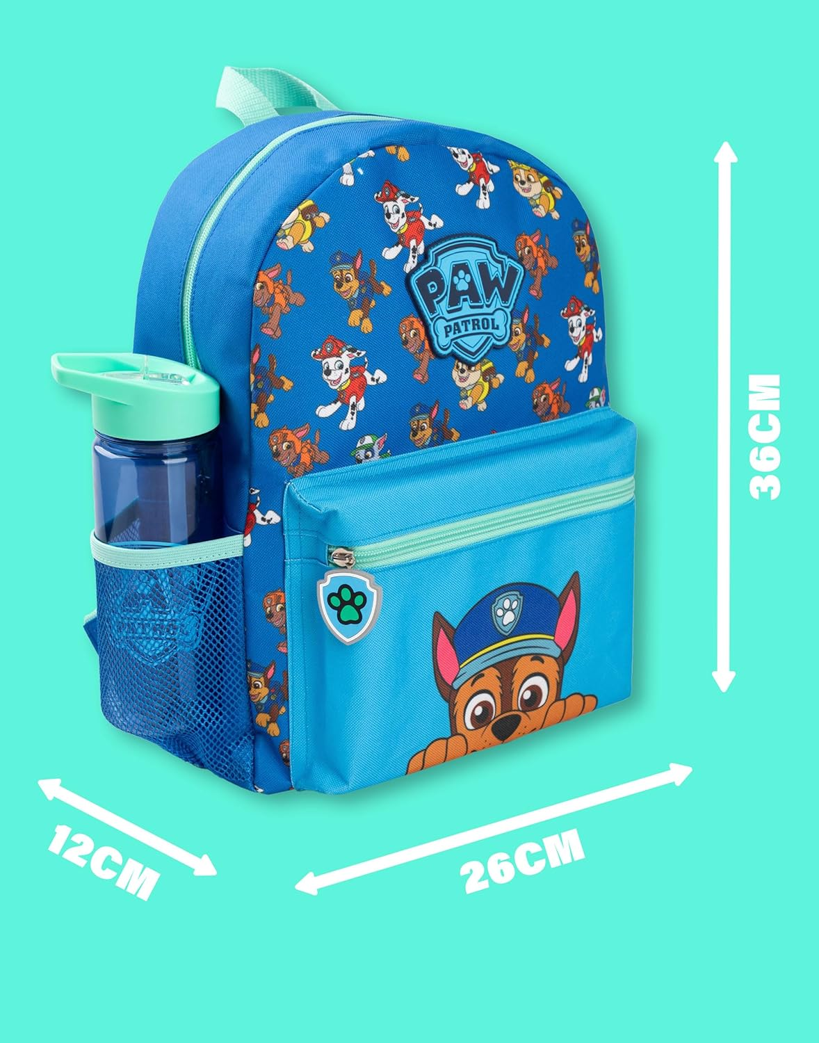Paw Patrol Boys Backpack Set | Kids 4 Piece Blue & Green Rucksack Bundle with School Bag, Pencil Case, Lunch Bag & Water Bottle | Chase Dog Crew Graphic Complete Matching Set | Back to School Gifts, image number 2