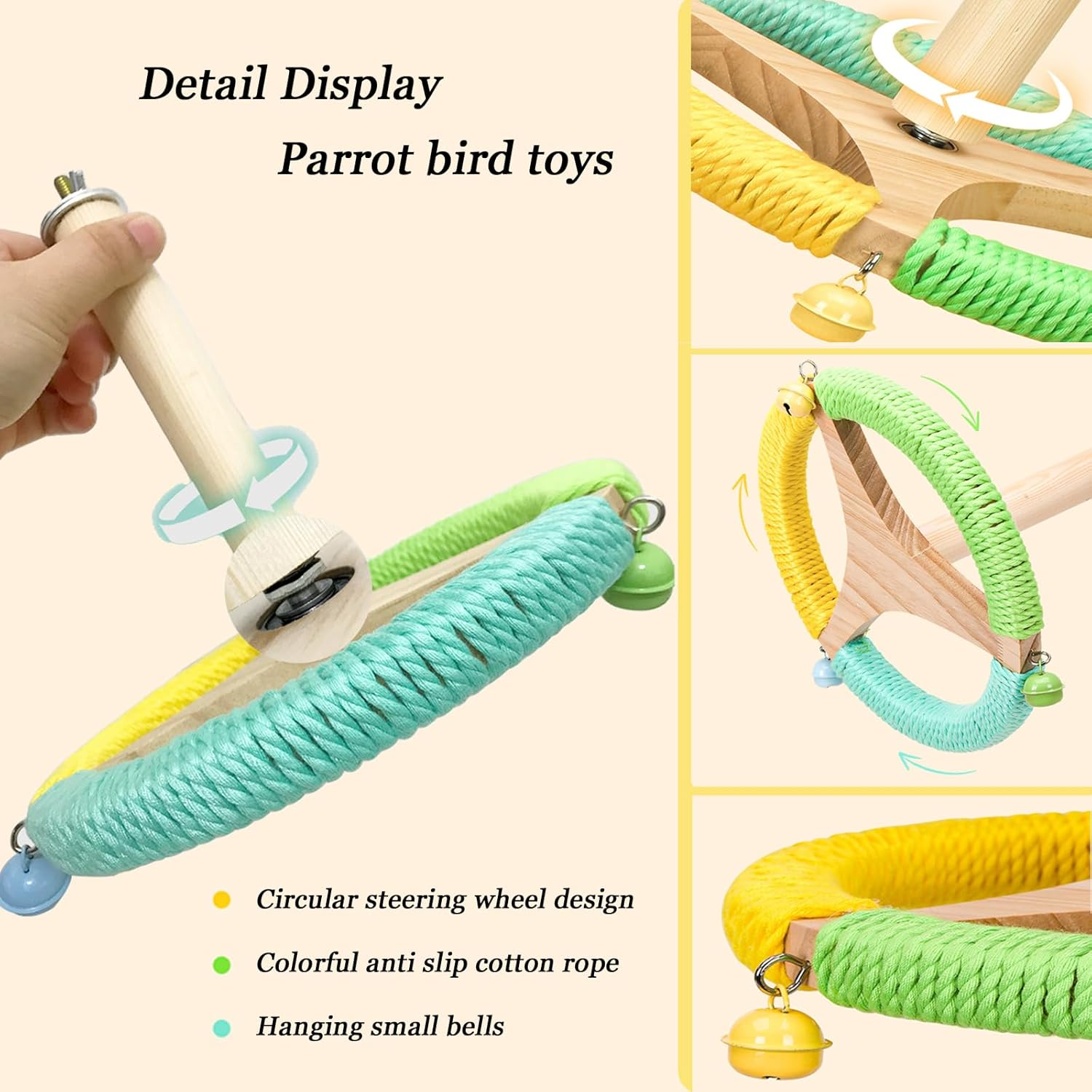 MLKLDOU Bird Stand Perch Toy with Bells, Interactive Spinning Parakeet Toys 360&deg; Wooden Parrot Stand Toys, Bird Cage Accessories for Budgies, Cockatiels, Parrots, Lovebirds image number 1