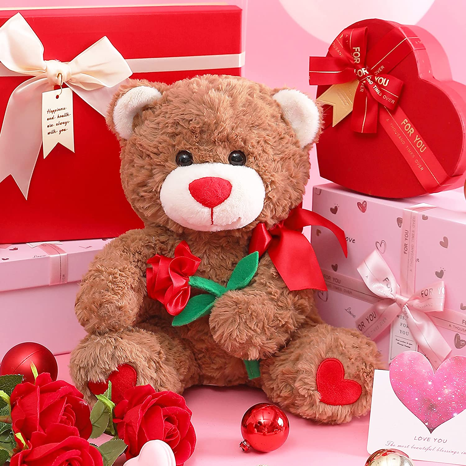 IKASA Bear Stuffed Animal Love Plush Toy with Bow for Valentine Day,Cute 10.6" Plushie with Rose Soft Small Cuddly Toy,Valentine&rsquo;S Day Gifts for Girlfriend Boyfriend Her Girls Boys (Bear) image number 6