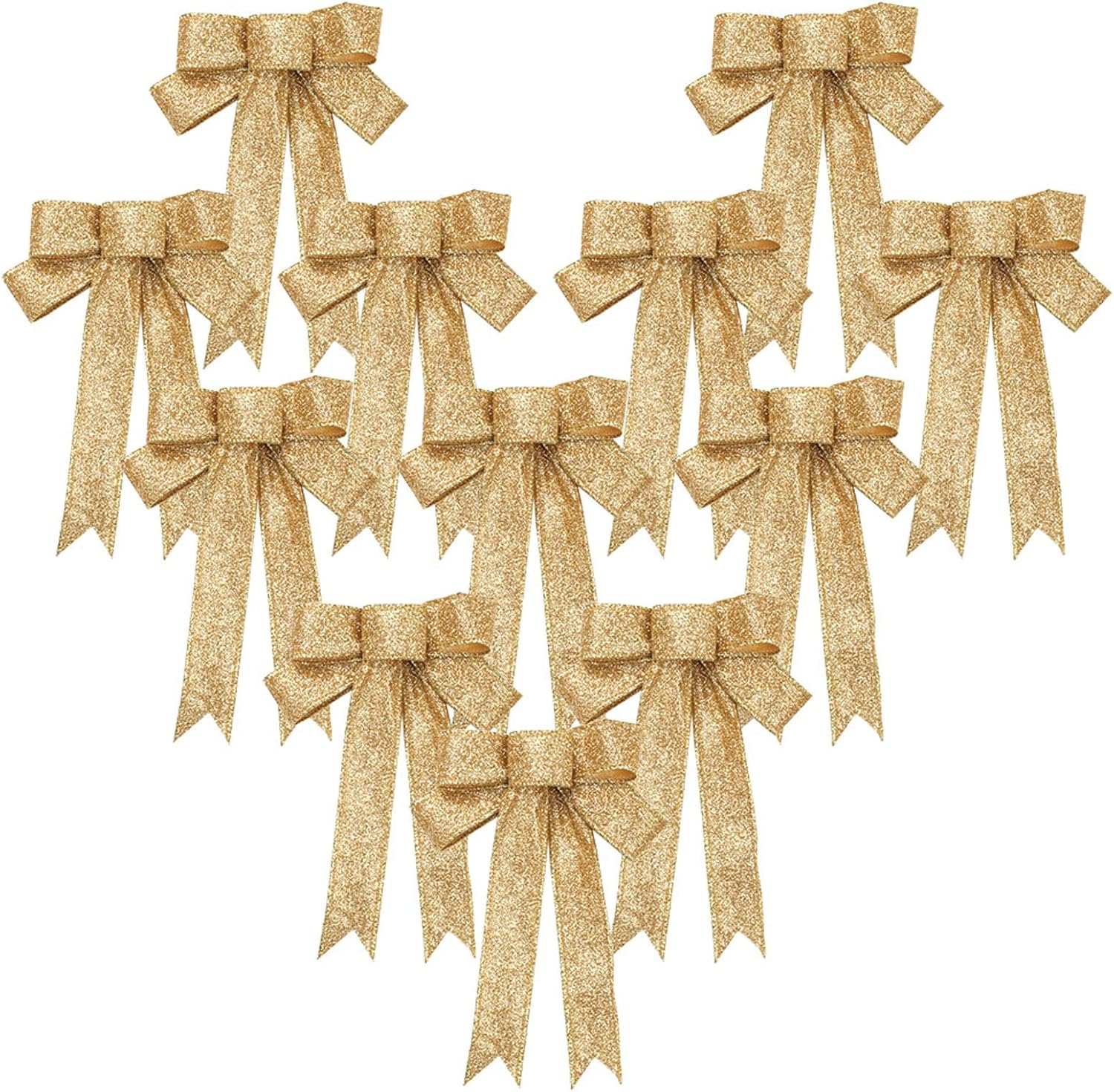 Christmas Ribbon Bows 12Pcs Golden Bowknot Glitter Xmas Tree Bows Hanging Ornaments for Craft DIY Christmas Wreaths Wedding Holiday Party Wall Table House Decoration Presents Gift Wrapping Supplies image number 2