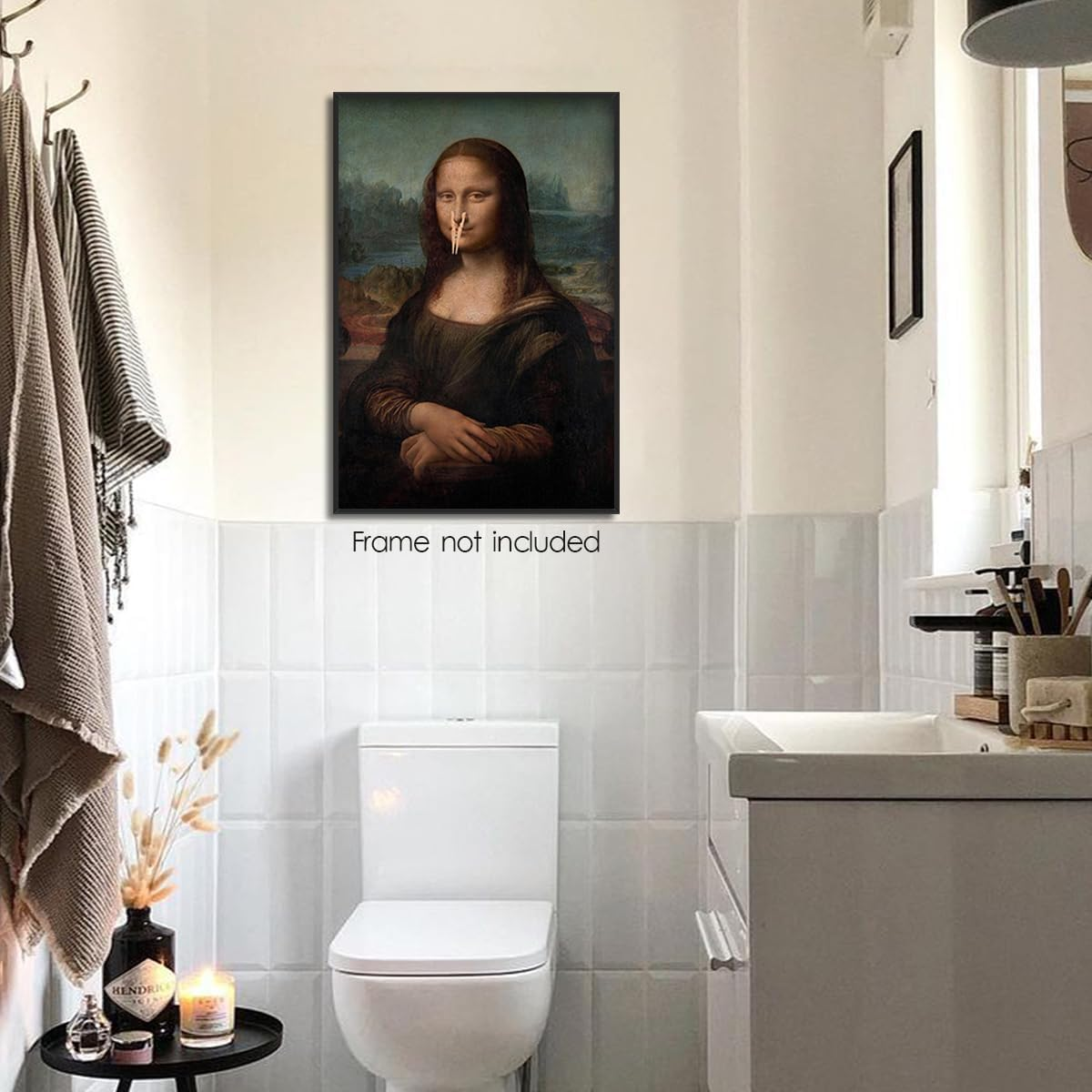 XMJJQQ Classical Mona Lisa Painting Bathroom Canvas Wall Art, Vintage Funny Bathroom Poster, Humor Amusing Toilet Art Prints, Bath Girl Pinching Nose Funny Wall Decor 16X24In Unframed image number 2