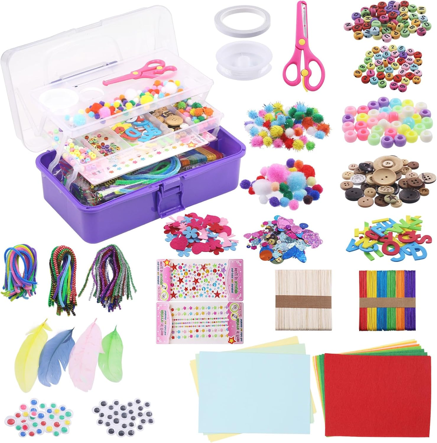 Glarks 917Pcs Purple Craft Arts Supply Kit, Crafting Supplies with 3Pcs Installed Tools Set in Portable 3 Layered Plastic Box for DIY Project image number 2