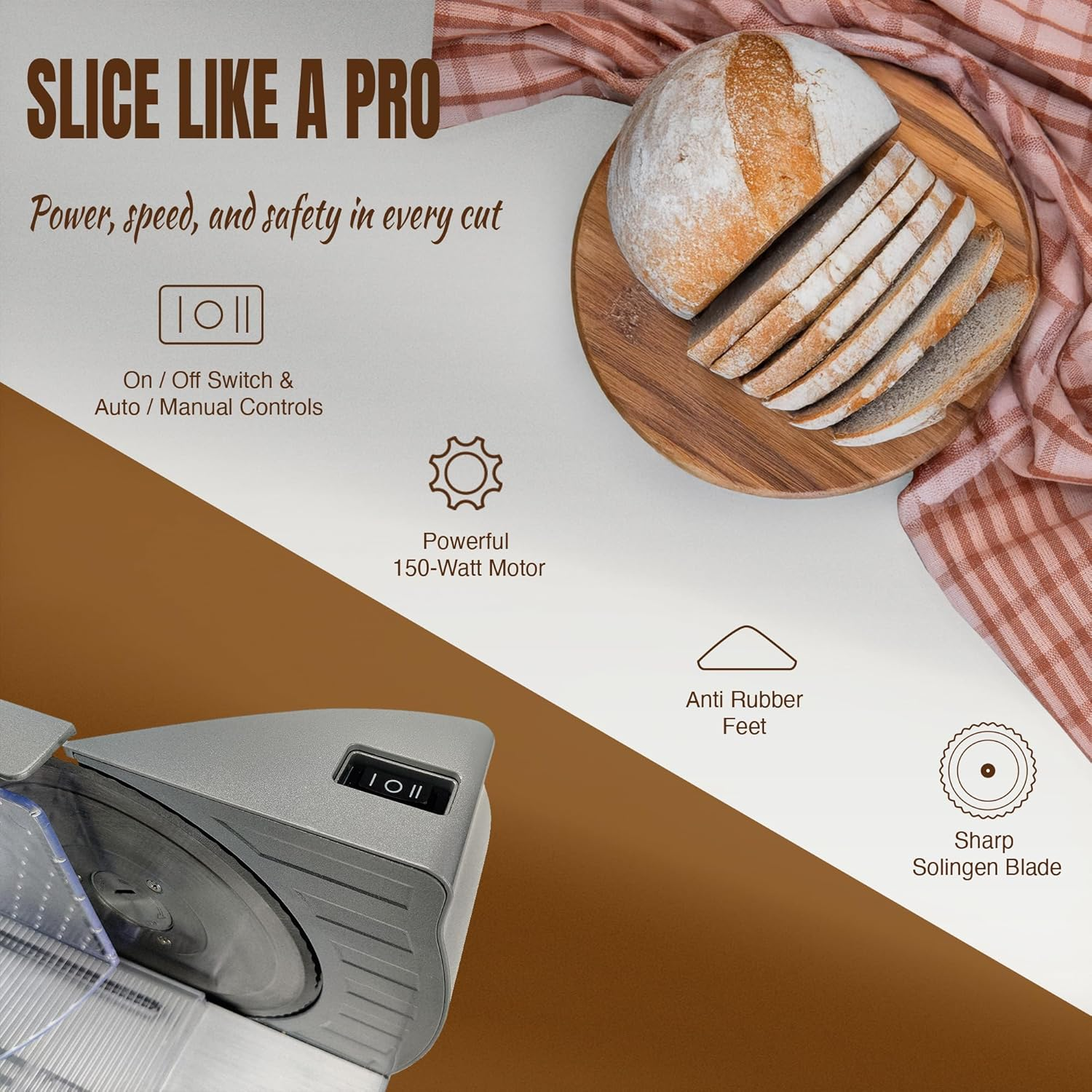 Bestron Bread Slicer with Stainless Steel RSG Blade, Made in Germany, Continuous Cutting Thickness Adjustment from 0 to 20 Mm, Cutter with Shift Button for Automatic and Manual Operation, image number 3