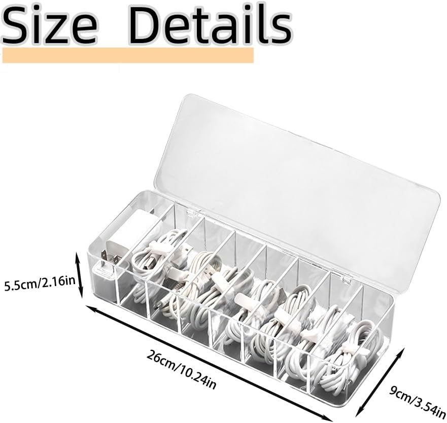 JTGYMY Plastic Cable Management Box with 10 Wire Ties, Clear Power Cord Organizer with 8 Compartments, Transparent Data Cable Organizer image number 2