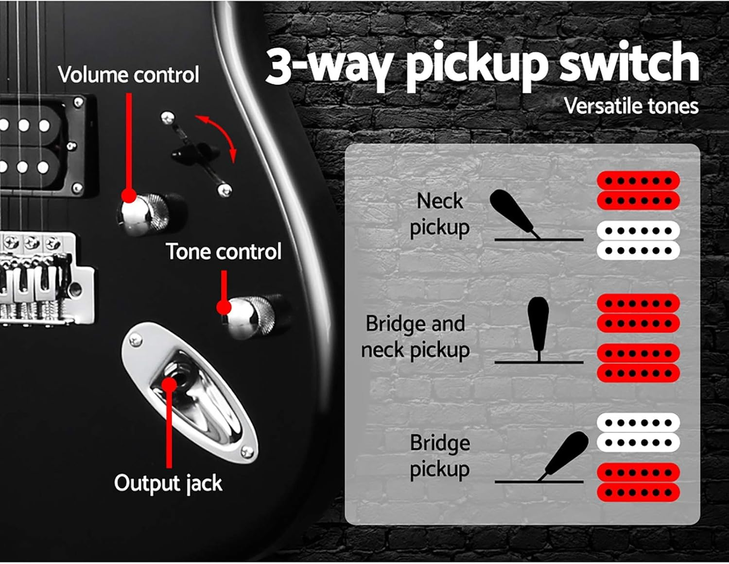 Alpha Electric Guitar Music String Instrument Rock W/Carry Bag, 3M Cable, Whammy Bar - Glossy Black