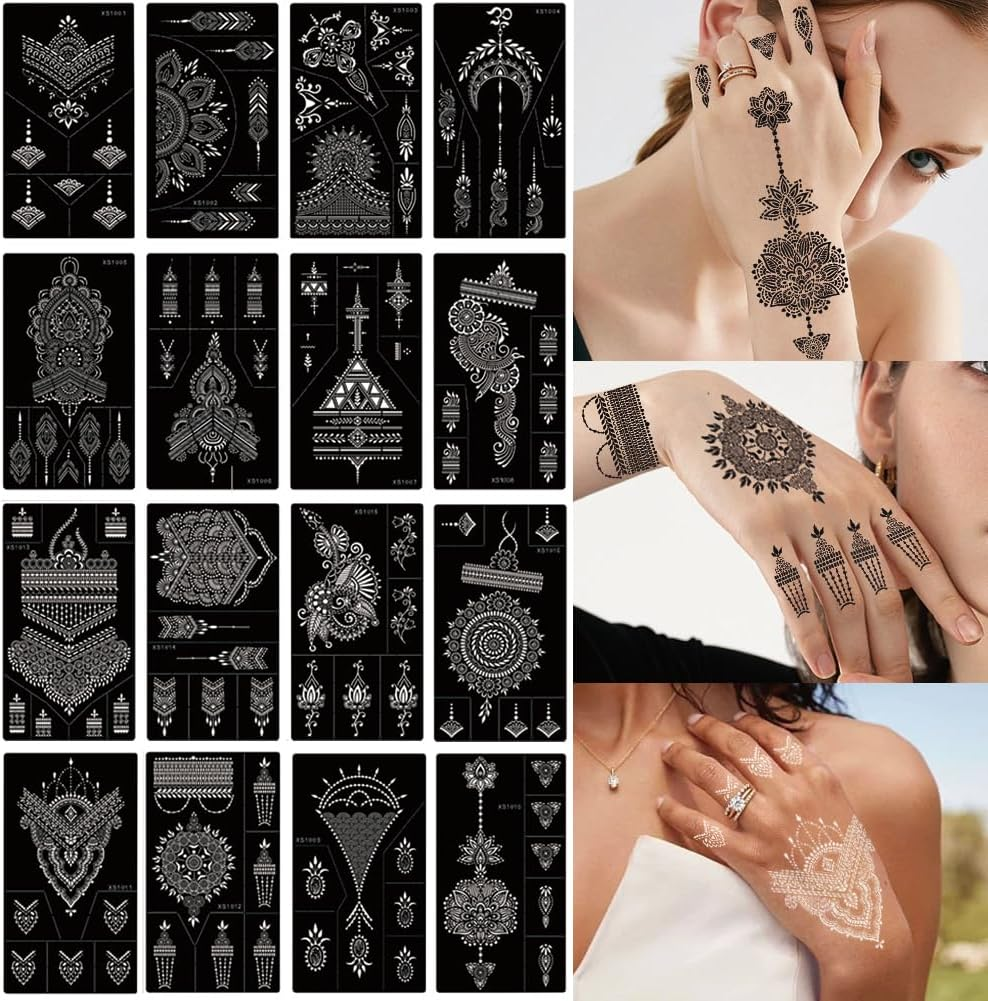 XMASIR 16 Sheets Temporary Tattoo Kit, Reusable Tattoo Stencils Sets Indian Arabian Flower Tattoo Templates for Women Girls Body Hand Art