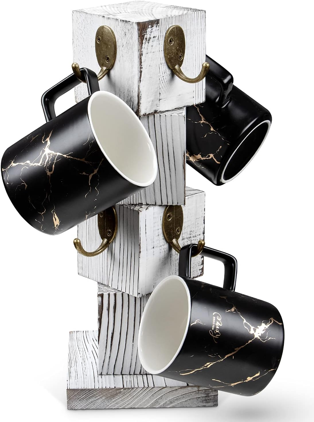 PUERSI Coffee Mug Holder for Counter, Rustic Solid Wood Mug Tree, Farmhouse Wooden Coffee Cup Rack, Distressed Mug Stand with 8 Hooks (Farmhouse White) image number 1