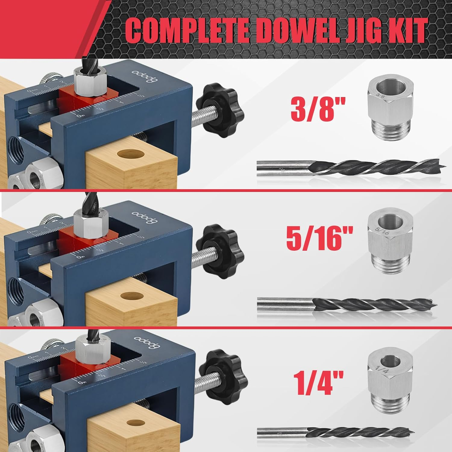 Self-Centering Doweling Jig Kit for Woodworking &ndash; Adjustable Width Dowel Jig for Straight Holes with 3 Drill Guide Bushings & 3 Drill Bits (1/4'',3/8'',5/16'')，Woodworking Joints Tools