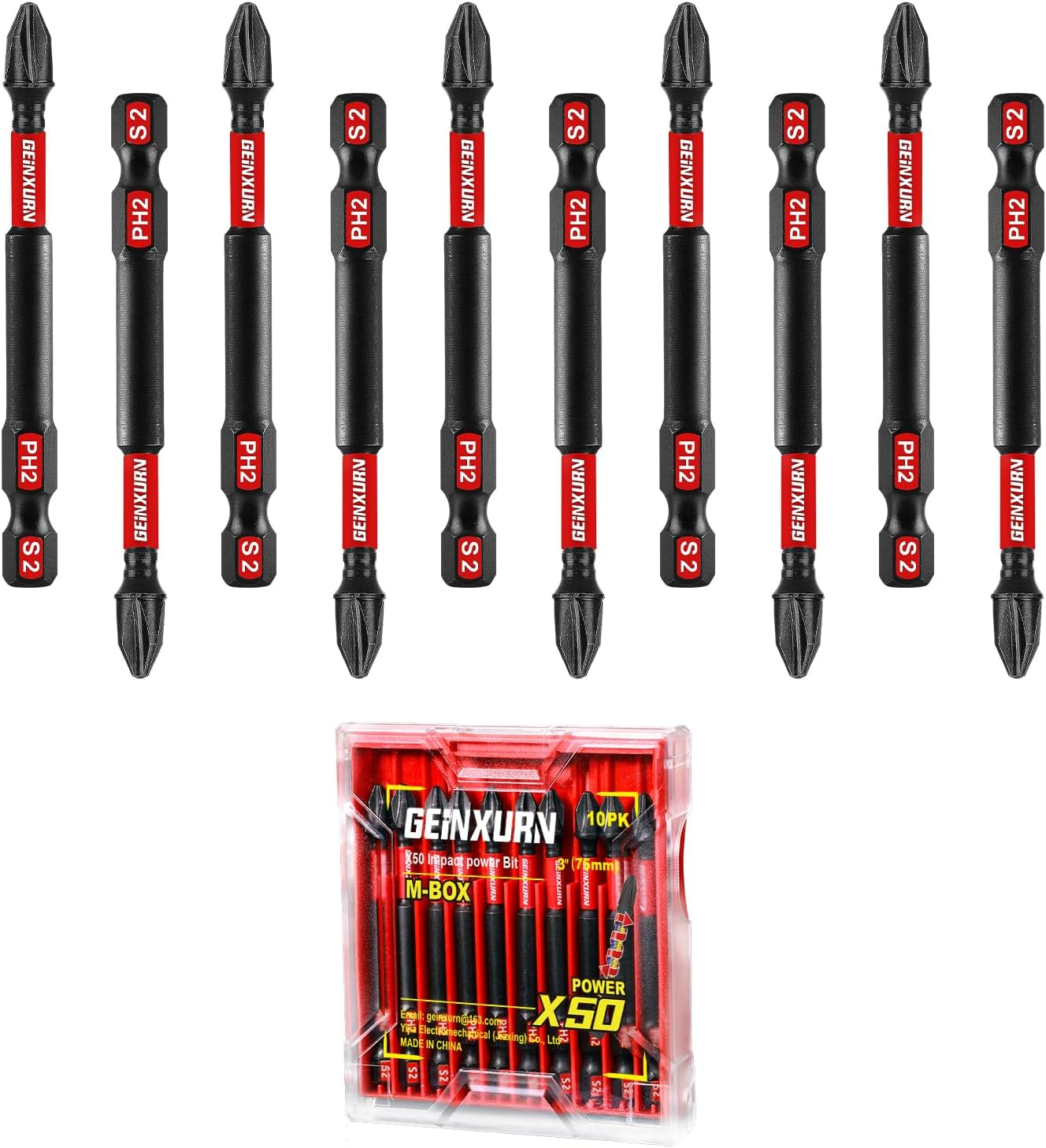 Geinxurn Impact Tough 3 In. #2 Phillips Screwdriver Bits Set,10 Pack Magnetic S2 Steel PH2 Long Power Driver Bits with Storage M-Box image number 1