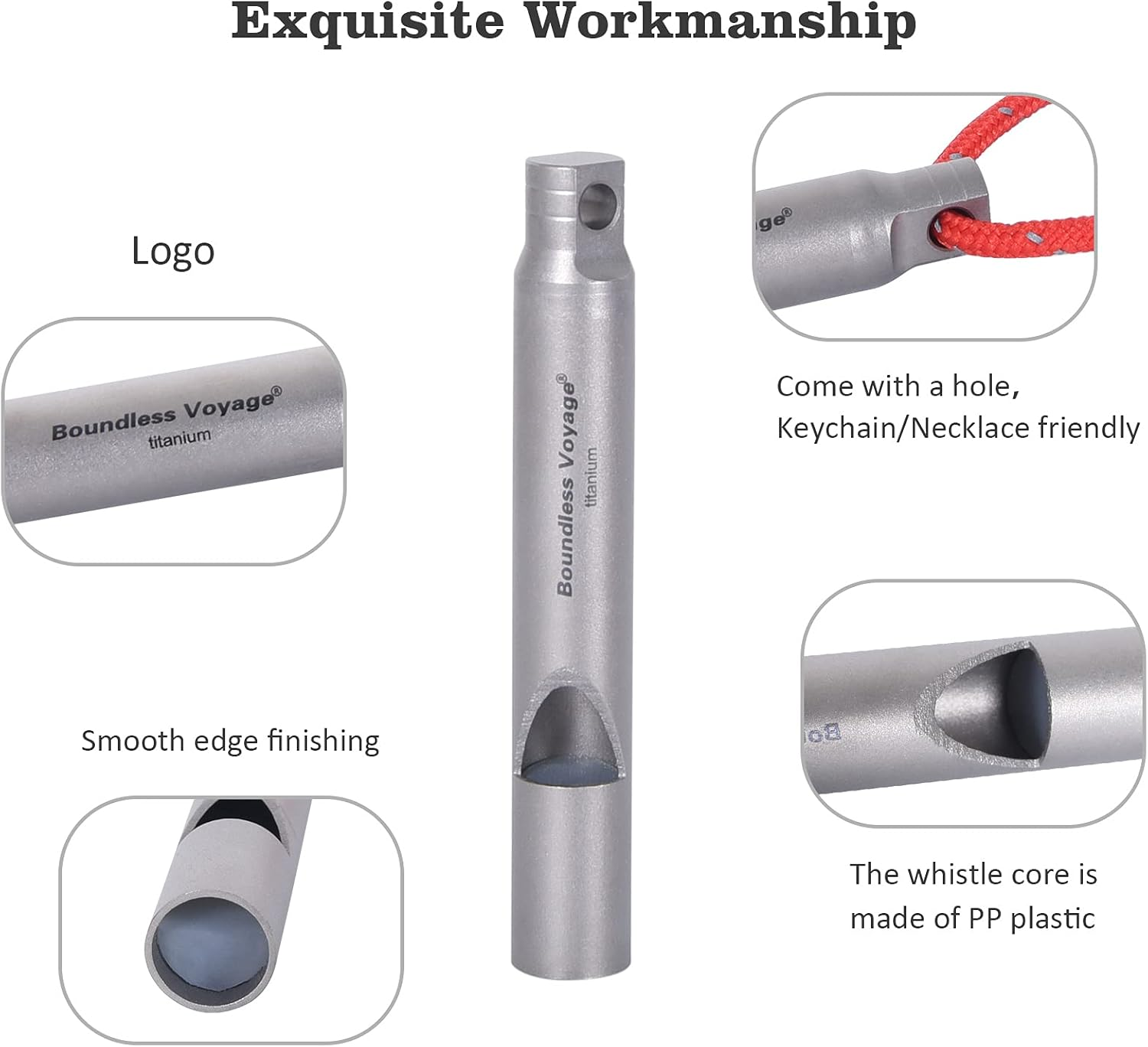 Boundless Voyage Titanium Whistle Emergency Survival Safety Whistles with Lanyard Loud for Outdoor Camping Hiking Coaches Training Sports Keychain Whistle image number 4