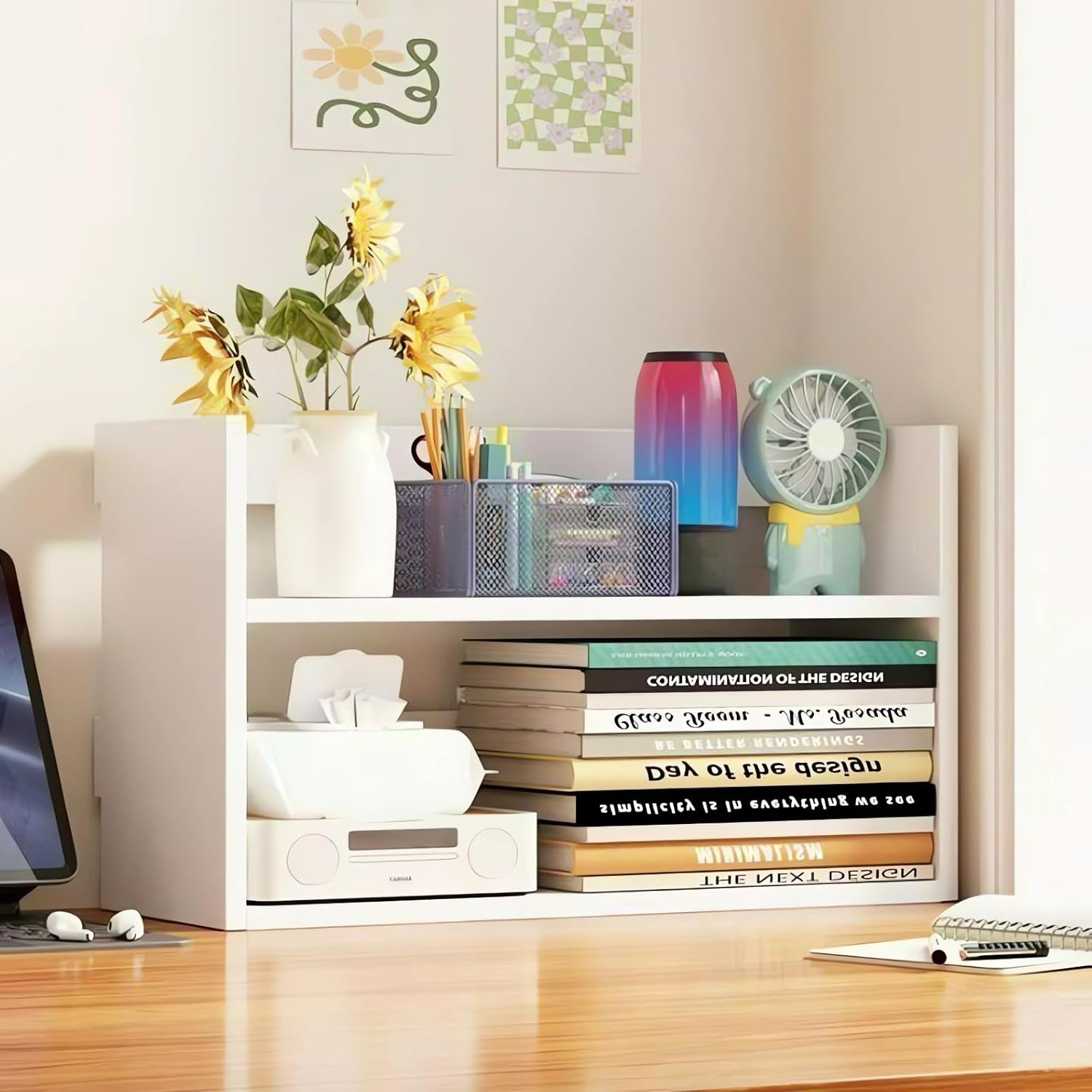 Bookcase, Desktop Organiser Shelf, 2-Tier Wooden Storage Rack for Books and Office Supplies Bookshelf A206 (White) image number 3