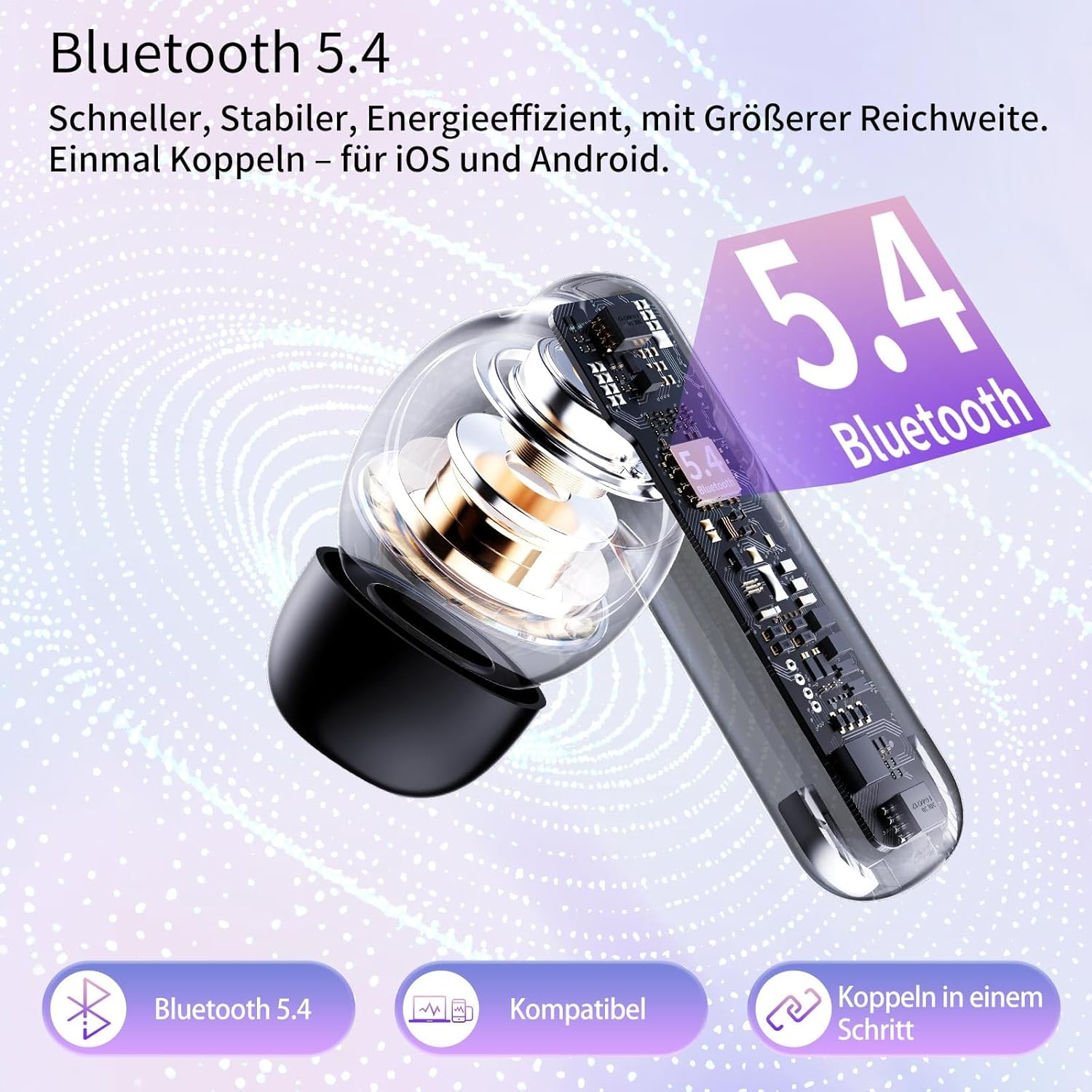 Bluetooth Headphones in Ear, 6 Microphones, ENC Noise Cancelling for Clearer Calls, Wireless Bluetooth 5.4 Hifi Deep Bass, USB C Headphones, 48 Hours, LED, IPX7 Waterproof Sports Earphones, Purple - White image number 6