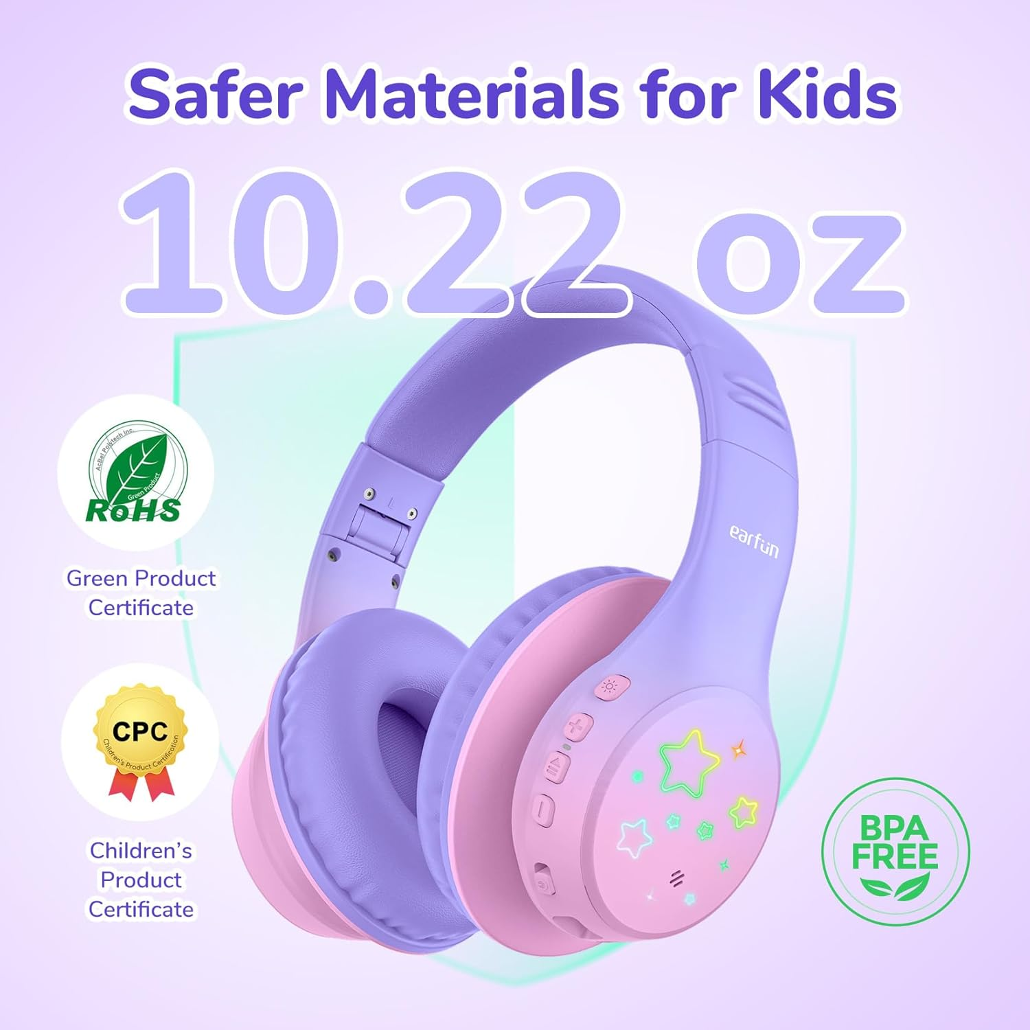 Earfun K4 Kids Bluetooth Headphones Wireless with LED Lights, 74/85/94Dba Volume Limited, Built-In Mic, 90H Playtime, Bluetooth 5.4 over Ear Headphones for Ipad/Pc/Tablet/School, Violet - Blue image number 6